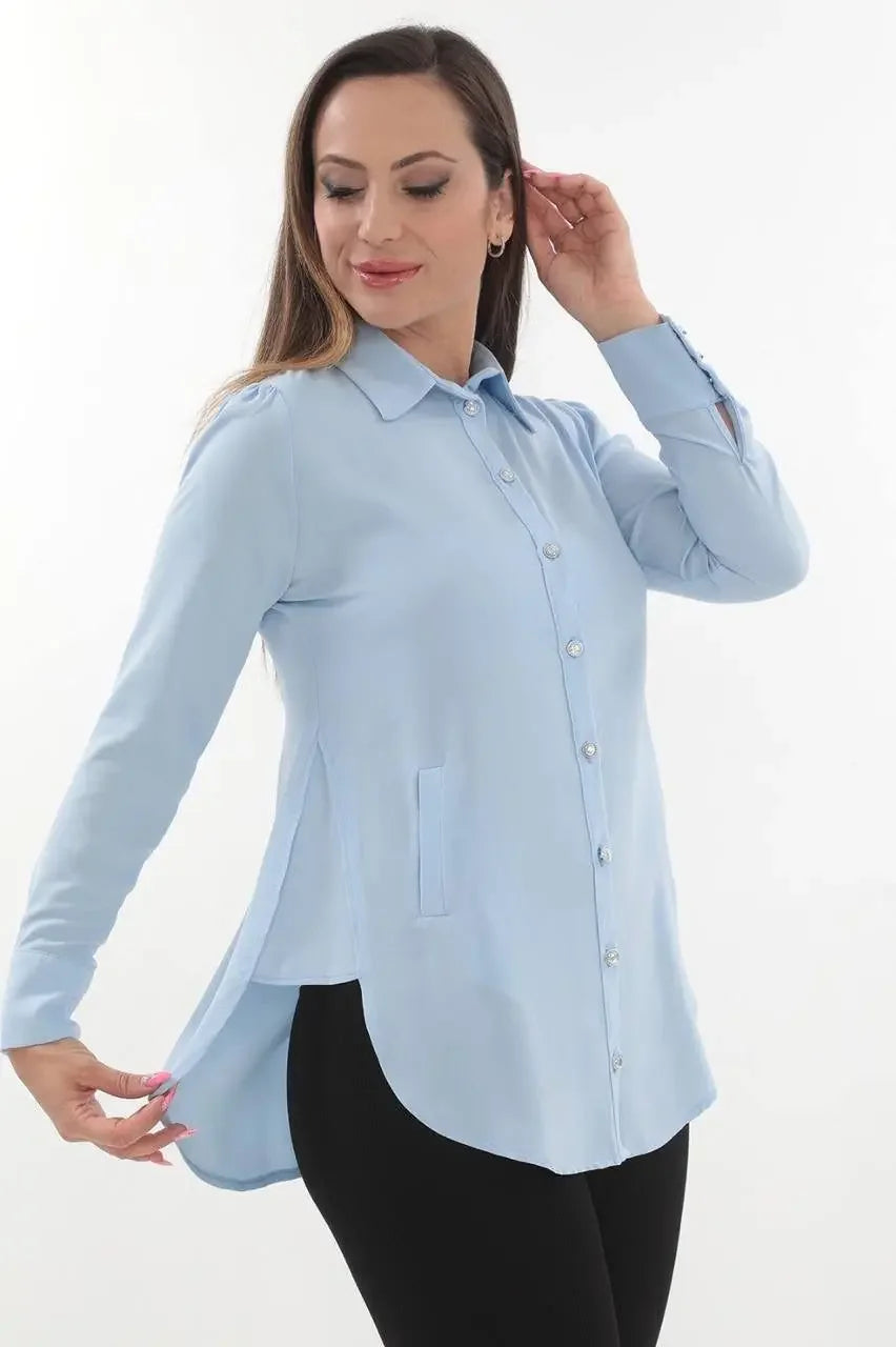 Light blue casual embroidered blouse for women with long sleeves and button-down front