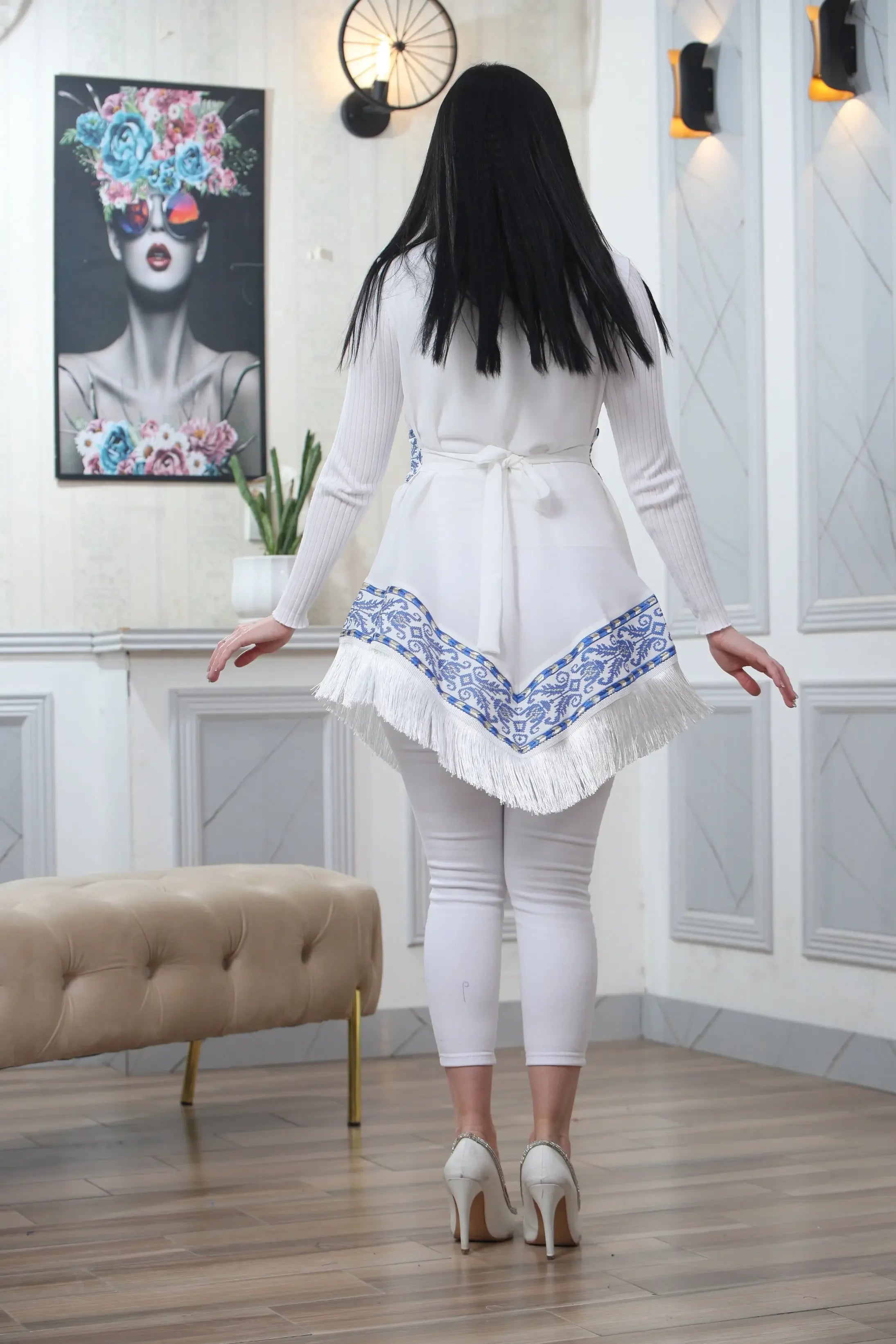 Embroidered Chiffon Vest With Tassels Palestinian Elegance