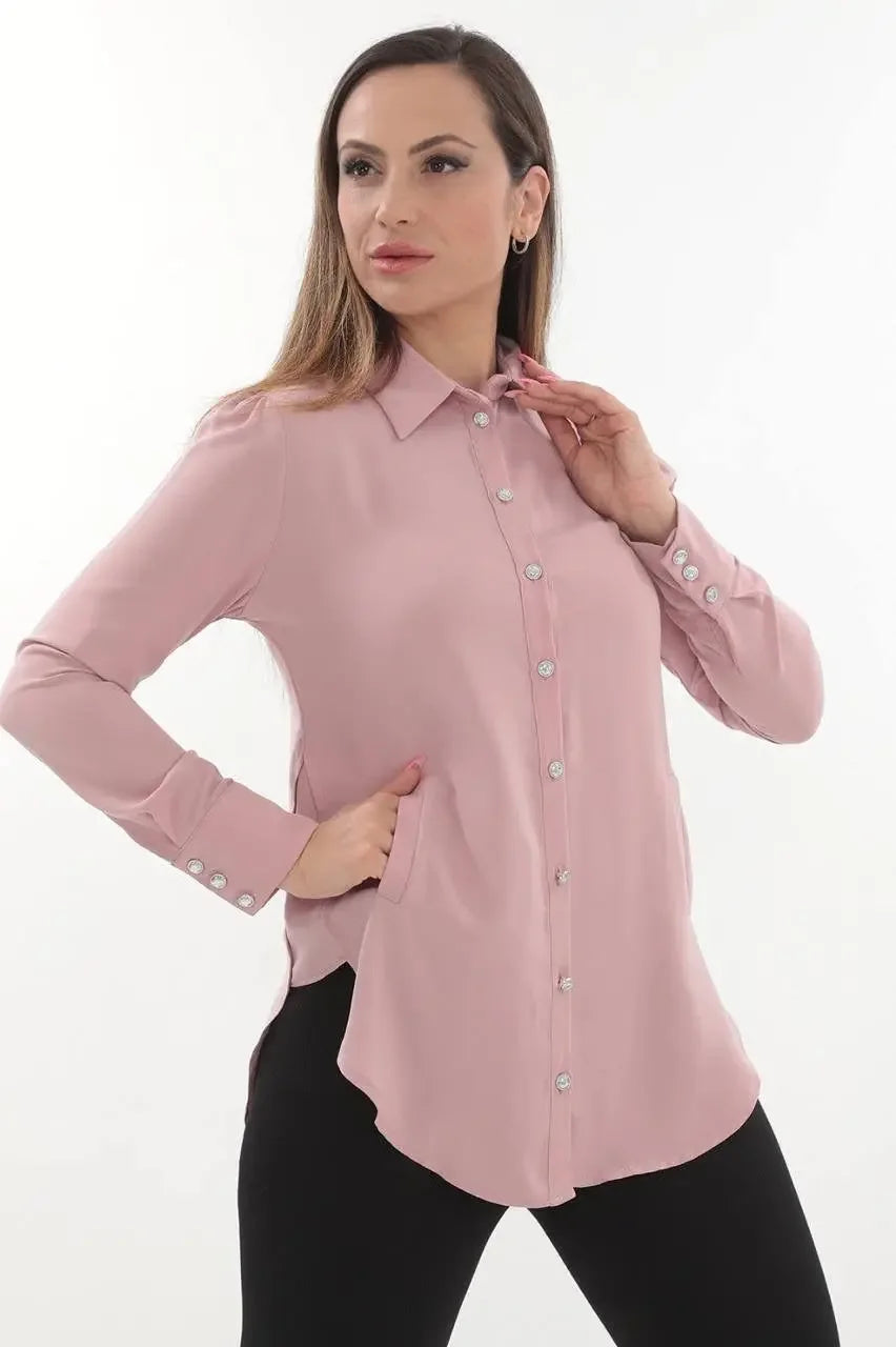 Pink embroidered blouse for women with long sleeves and button details from Palestinian Elegance