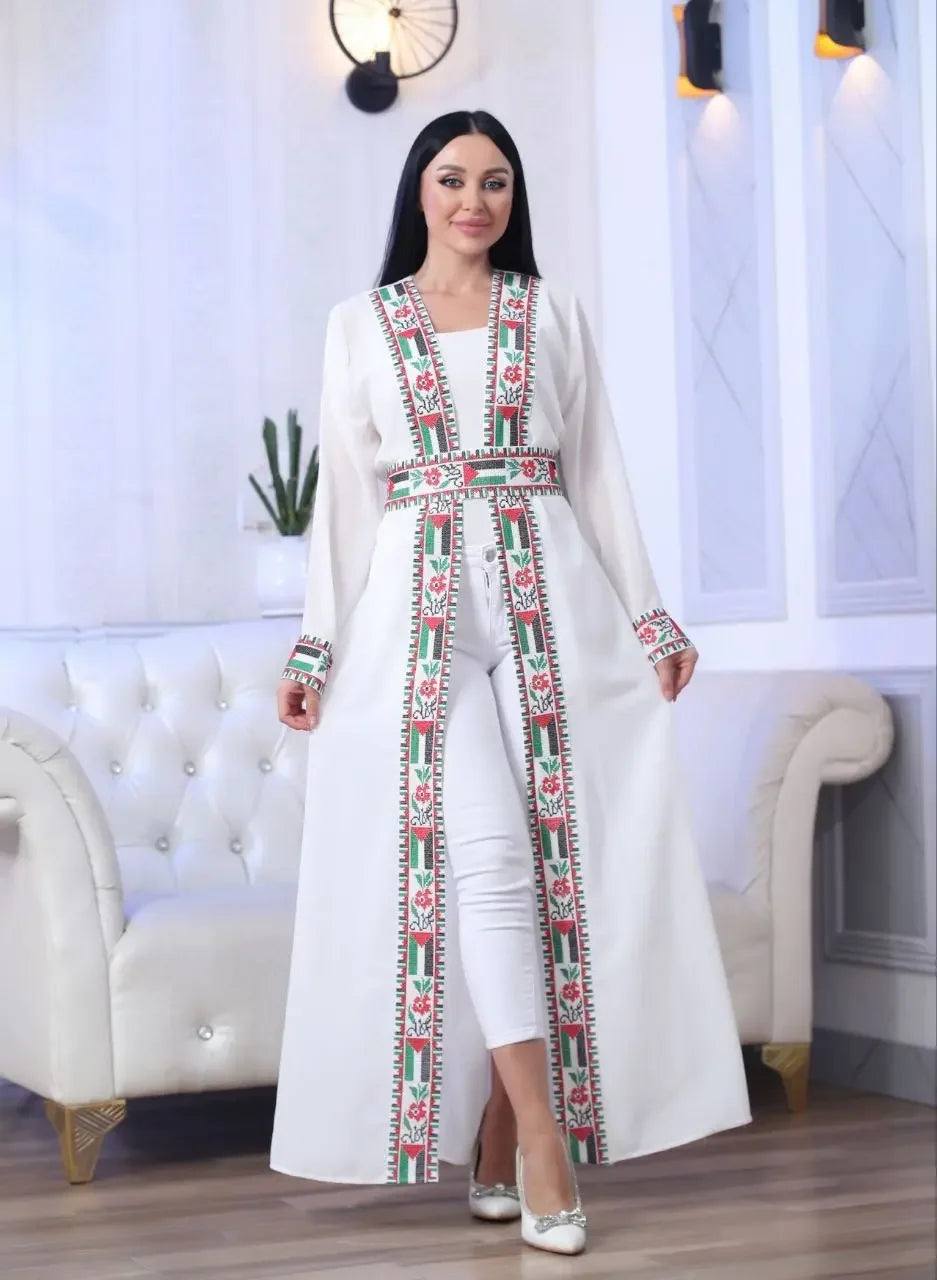 Chiffon Cardigan with Embroidered Palestinian Flag – Cultural Statement Piece Palestinian Elegance