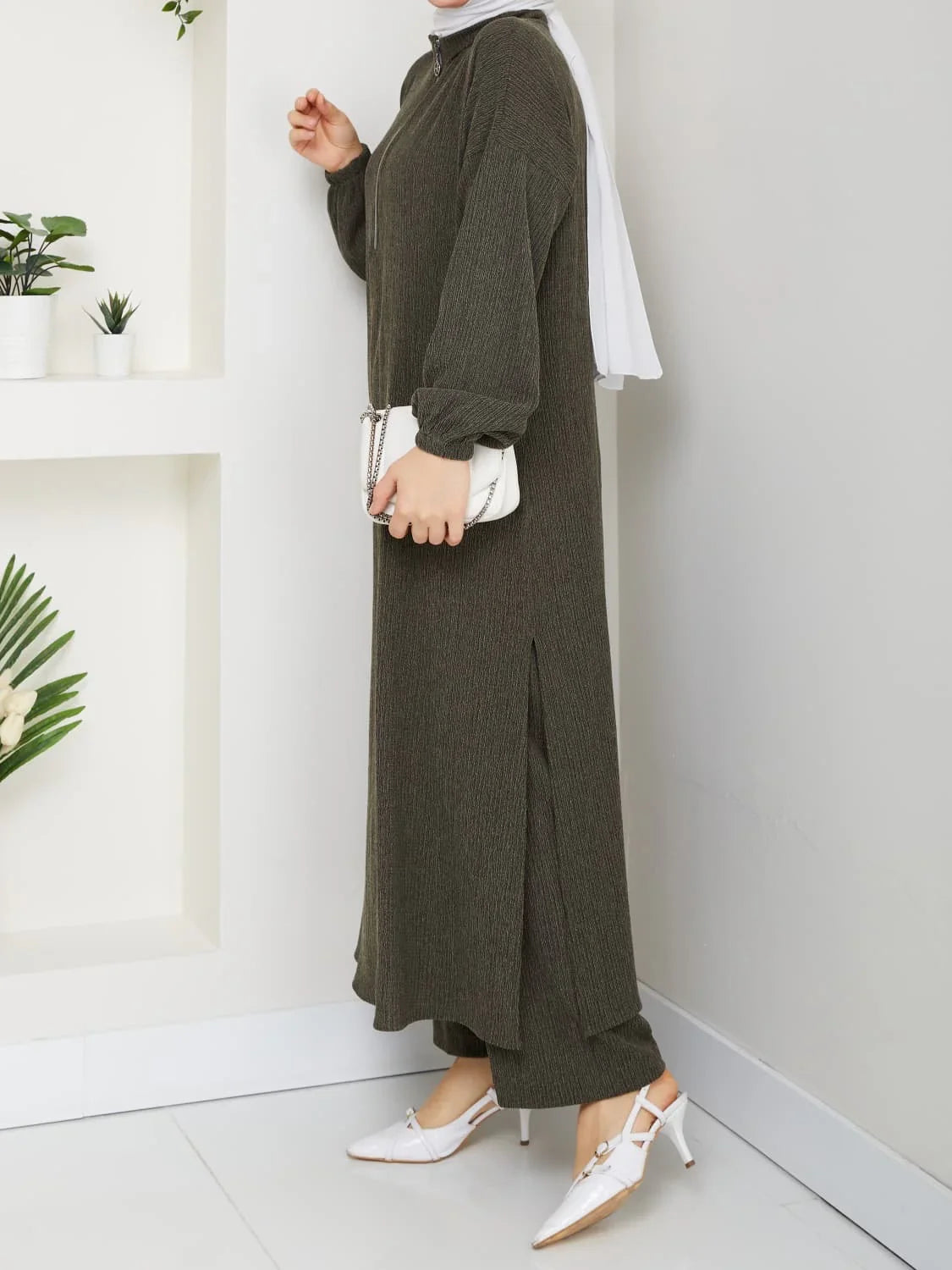 Cozy Ribbed Two-Piece Modest Set with Zipper