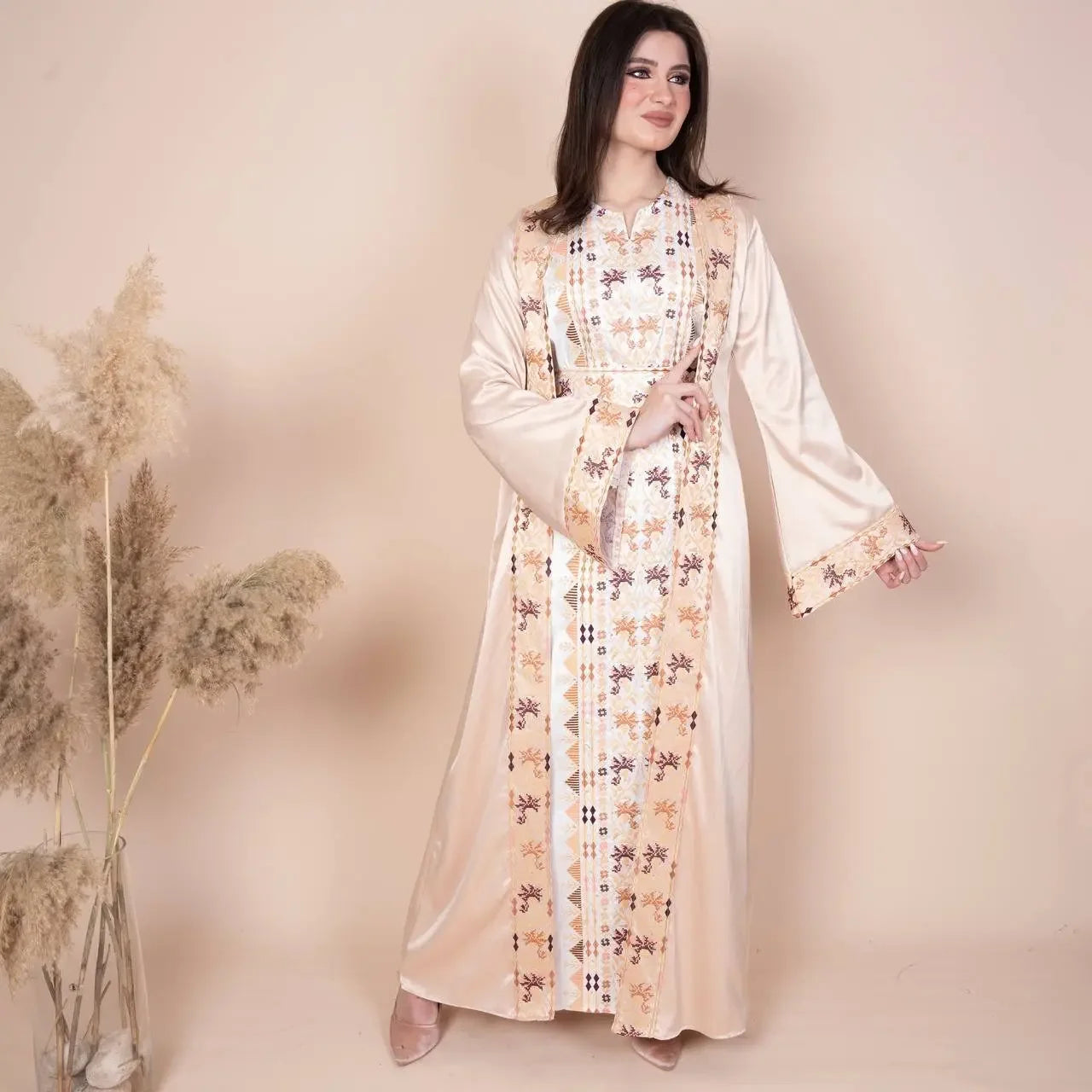 Embroidery Satin Kaftan: Luxurious Style and Unique Elegance Palestinian Elegance
