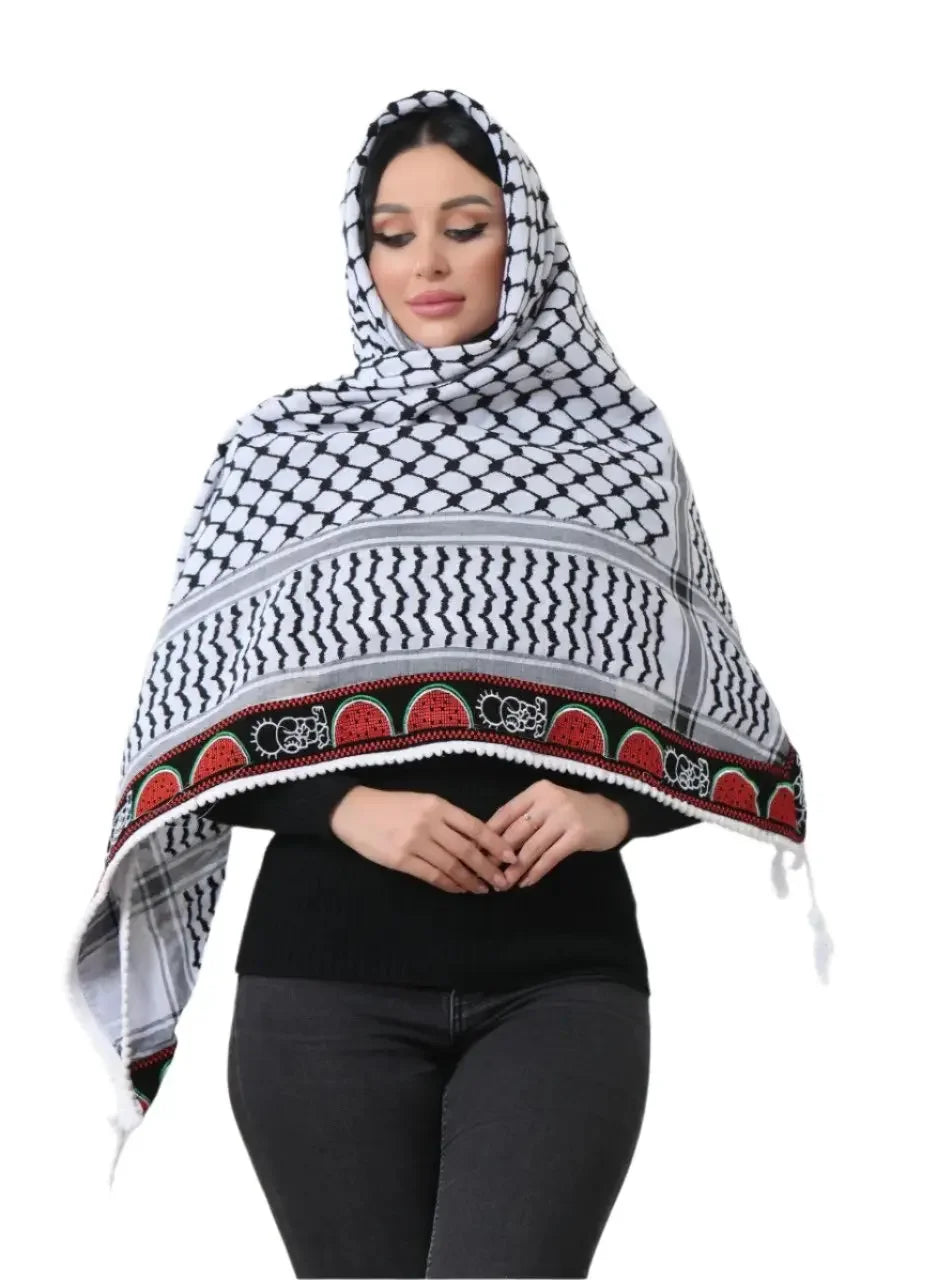 Hanzala & Watermelon Embroidered Kuffiyeh: Elegance and Cultural Charm Palestinian Elegance