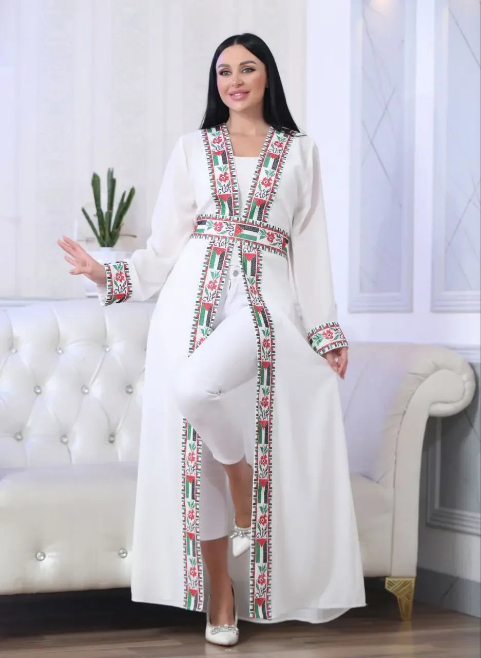 Chiffon Cardigan with Embroidered Palestinian Flag – Cultural Statement Piece Palestinian Elegance