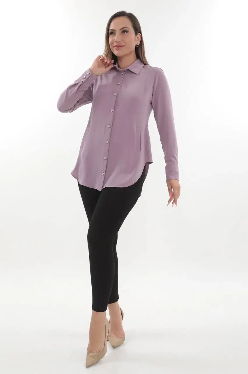 Palestinian Elegance casual embroidered blouse for women in soft lavender with button-down front