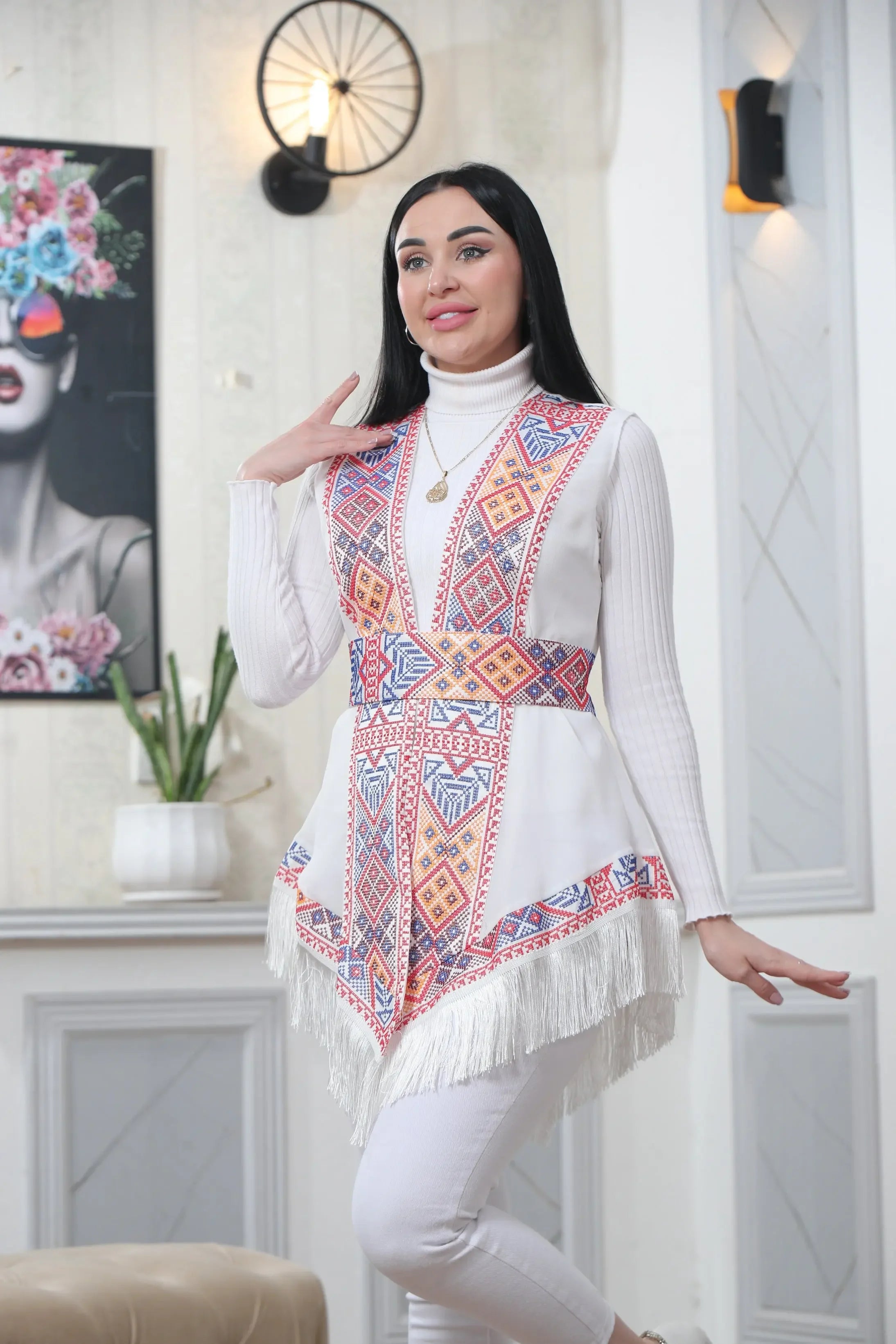 Embroidered Chiffon Vest With Tassels Palestinian Elegance