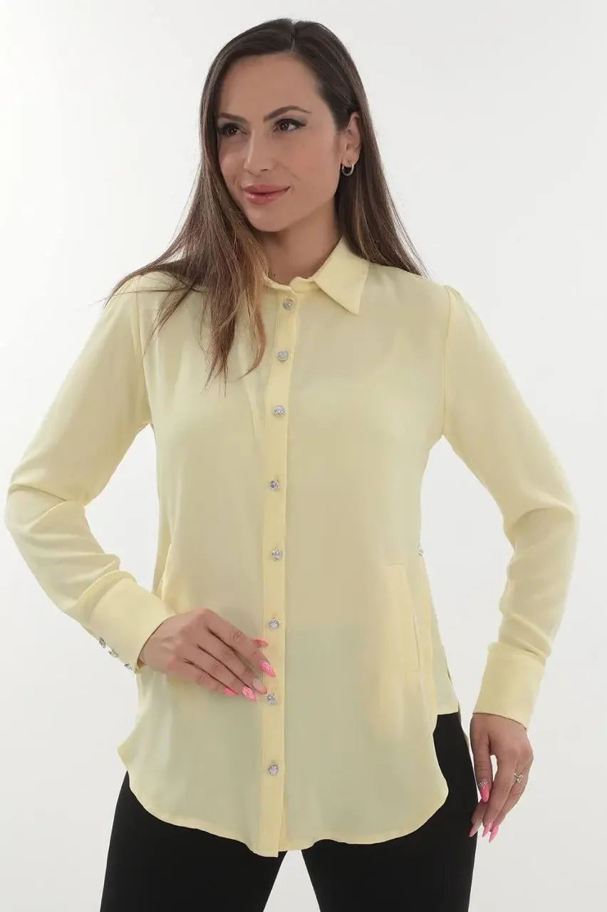 Palestinian Elegance casual embroidered blouse for women in light yellow with long sleeves and button-down front