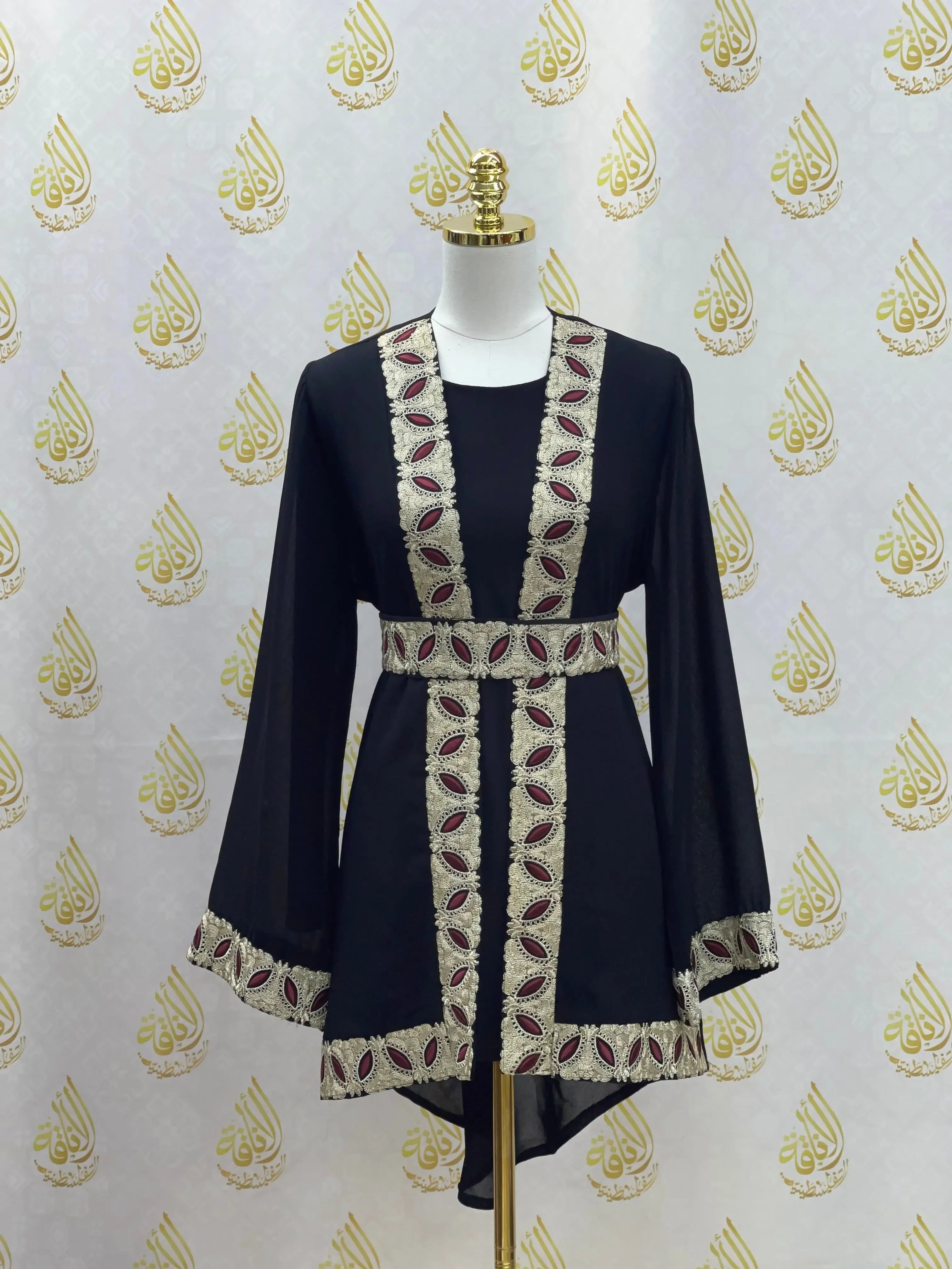Palestinian Elegance black cardigan with embroidered chiffon kimono style detailed trim on sleeves and front