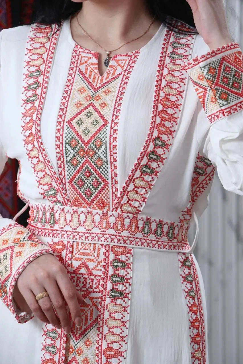 Palestinian Elegance embroidered abaya for women with traditional red and green intricate patterns