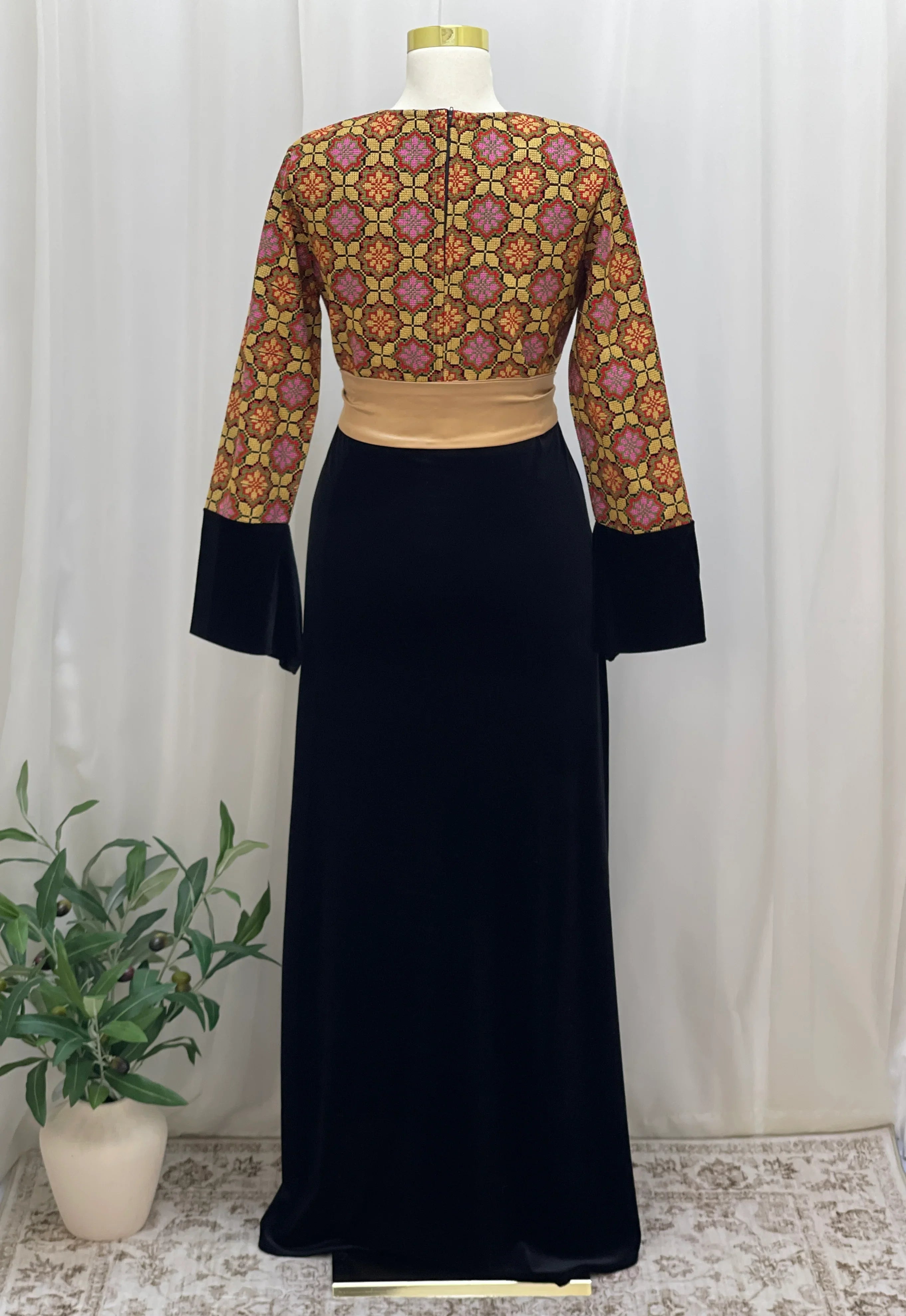 Embroidered Velvet Maxi Dress with Satin Belt