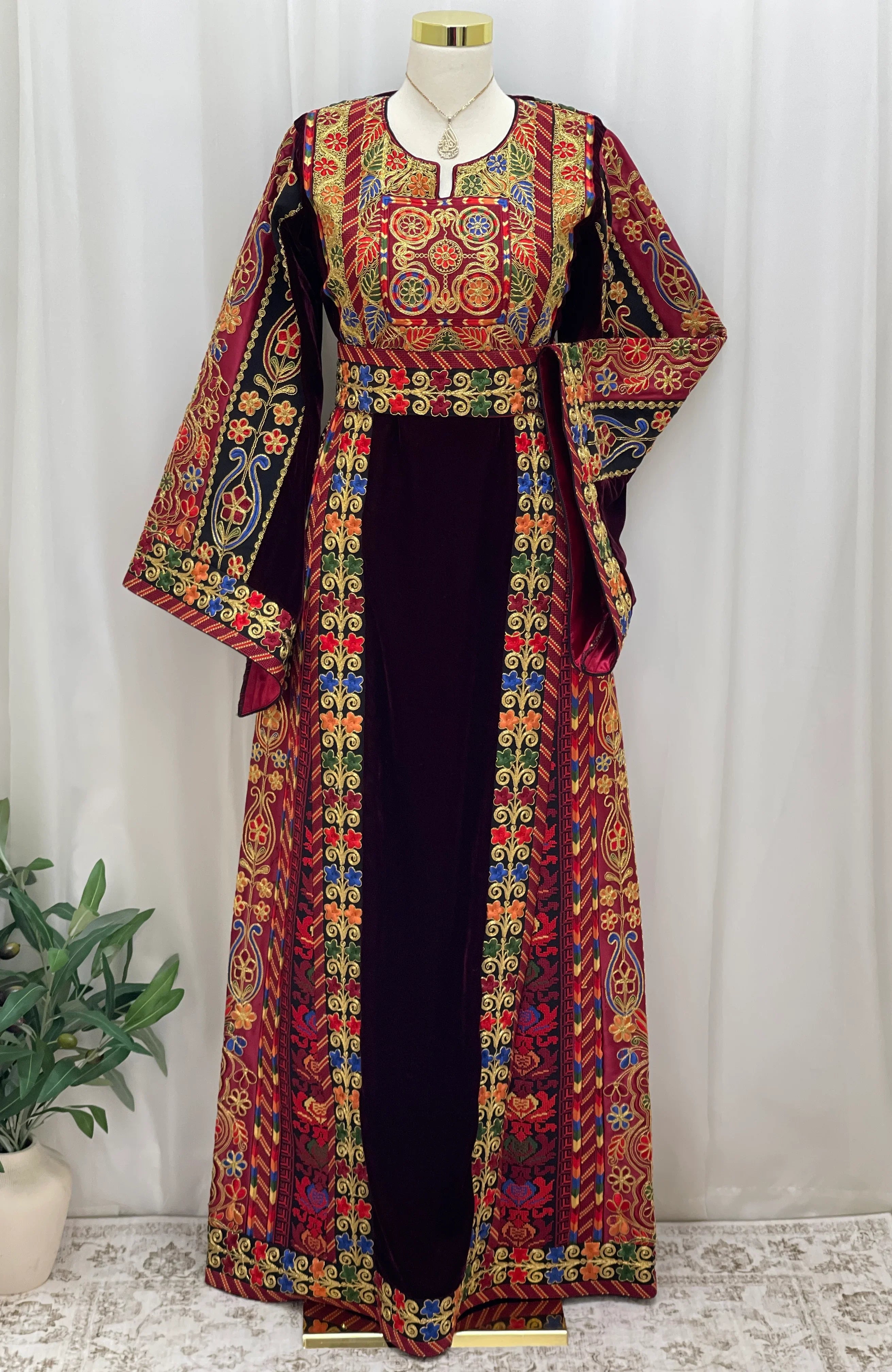 Al Jawhara Qasab Velvet Embroidered Thobe - Palestinian Elegance