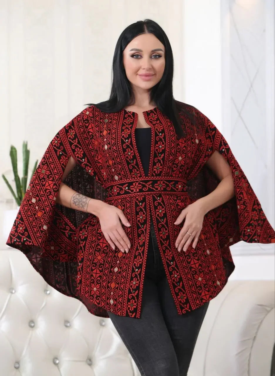 Palestinian Elegance embroidered cape jacket in red and black with intricate traditional embroidery