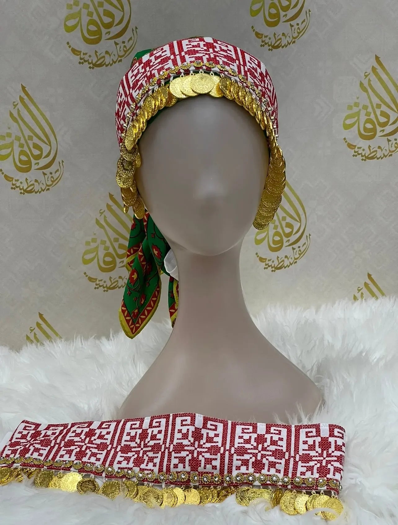 Palestinian Elegance tatreez head scarf with beads in red and white embroidered pattern with gold coins