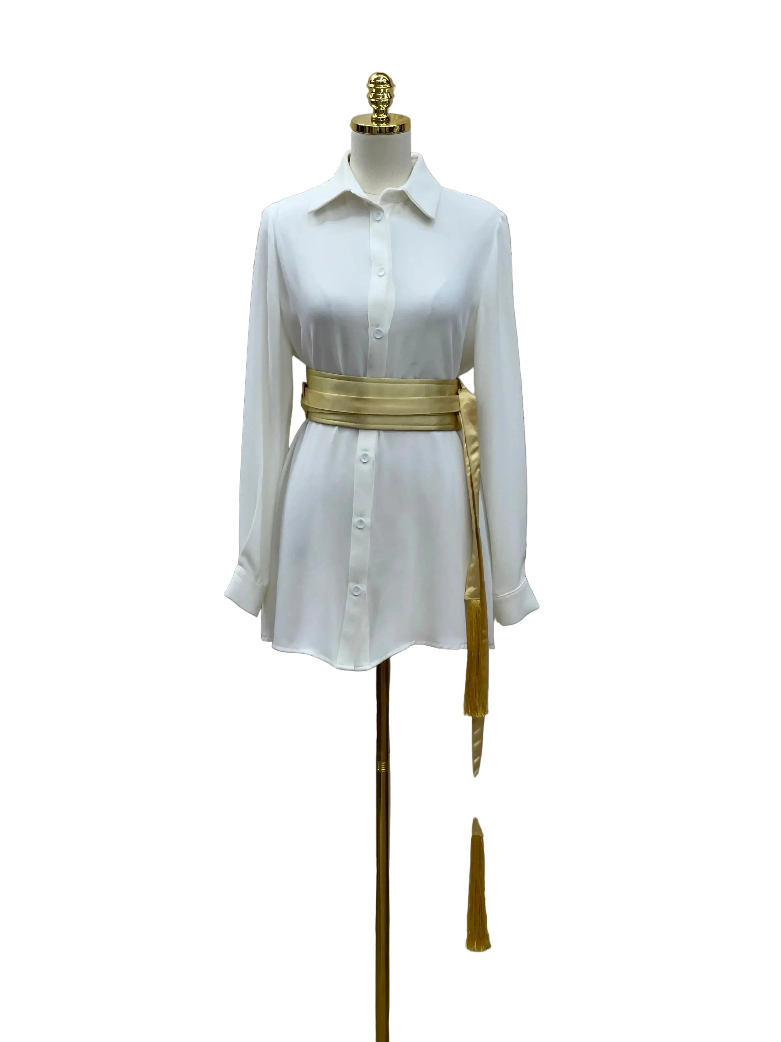 Palestinian Elegance luxury satin belt for dresses wrapped around white button-up shirt on mannequin