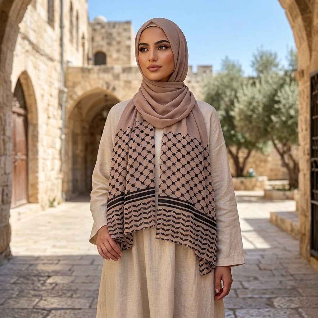 حجاب شيفون مطبوع من تصميم فلسطيني أنيق