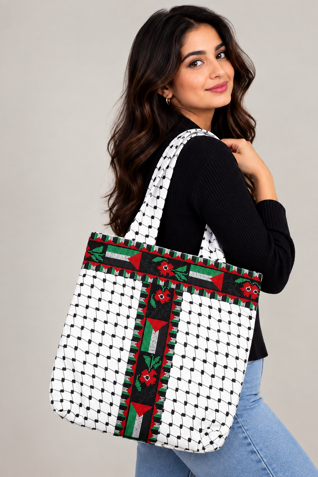 High-Quality Handmade Tatreez Tote Bags with Kufiyah Design: Durable and Spacious