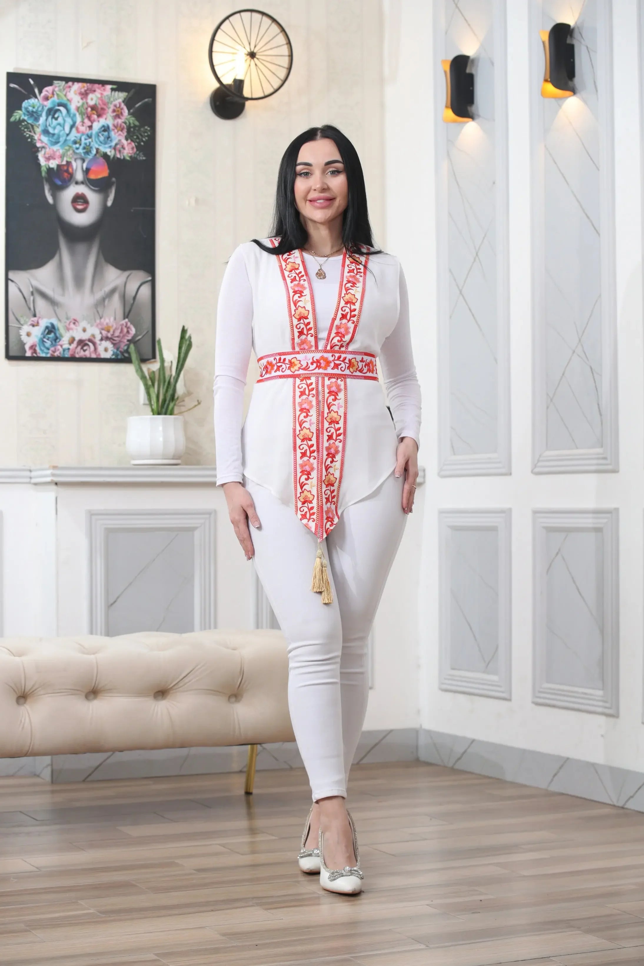 White Chiffon Vest Colorful Embroidered Palestinian Elegance
