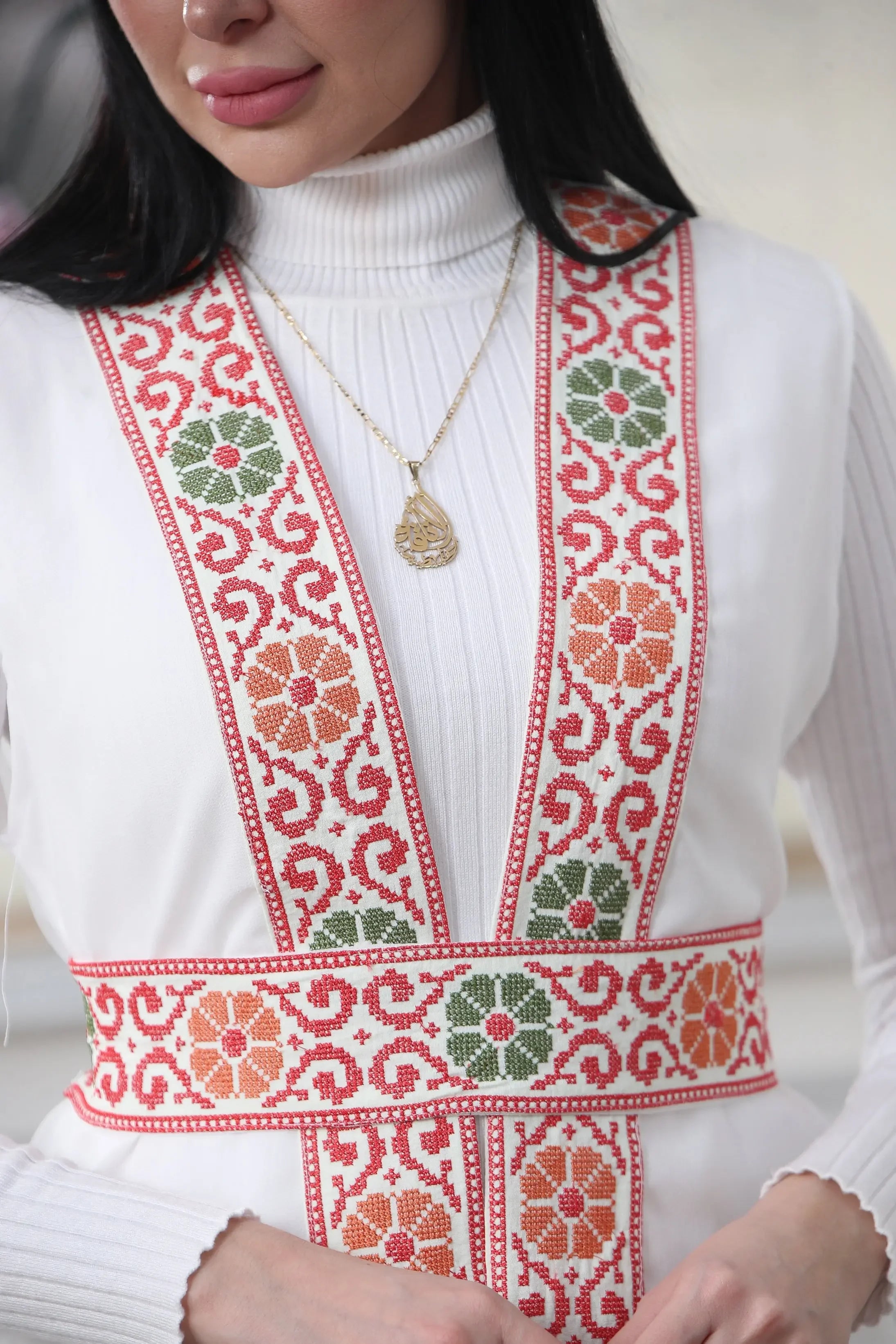 White Chiffon Vest Colorful Embroidered Palestinian Elegance