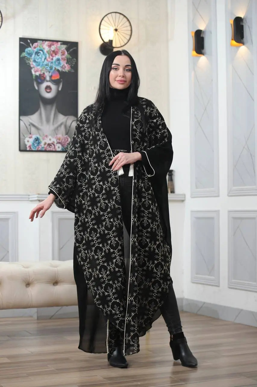 Embroidered Chiffon Cardigan Golden Silk Threads Palestinian Elegance