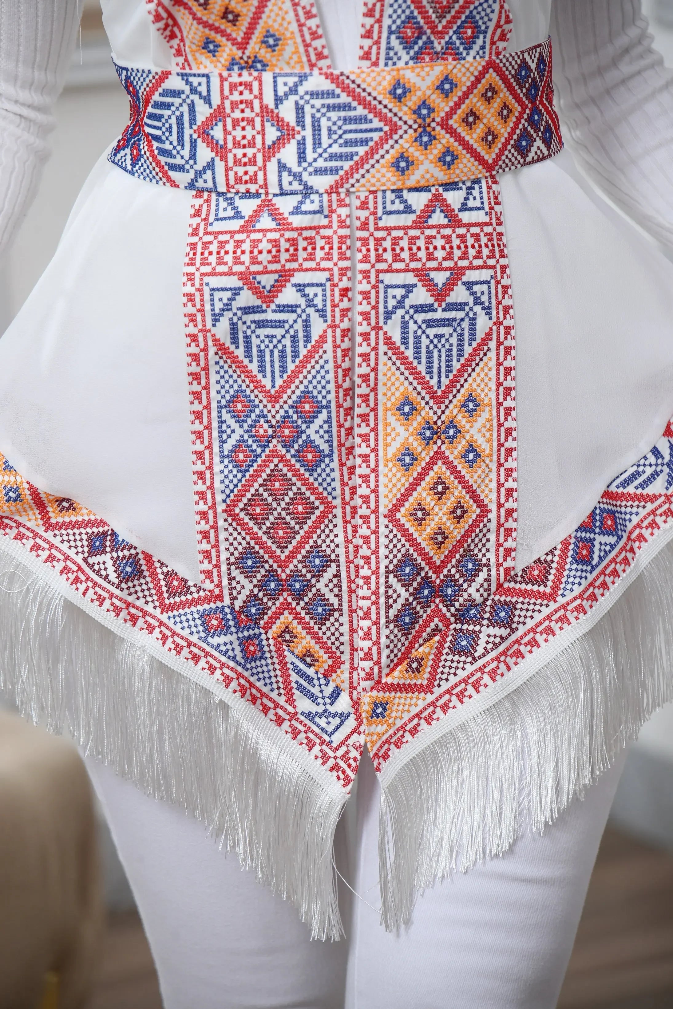 Embroidered Chiffon Vest With Tassels Palestinian Elegance