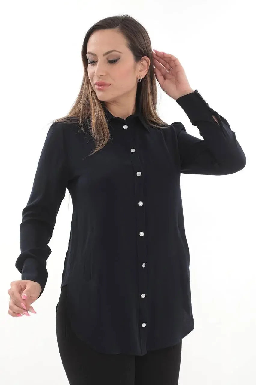 Palestinian Elegance casual embroidered blouse for women in black with button-down design