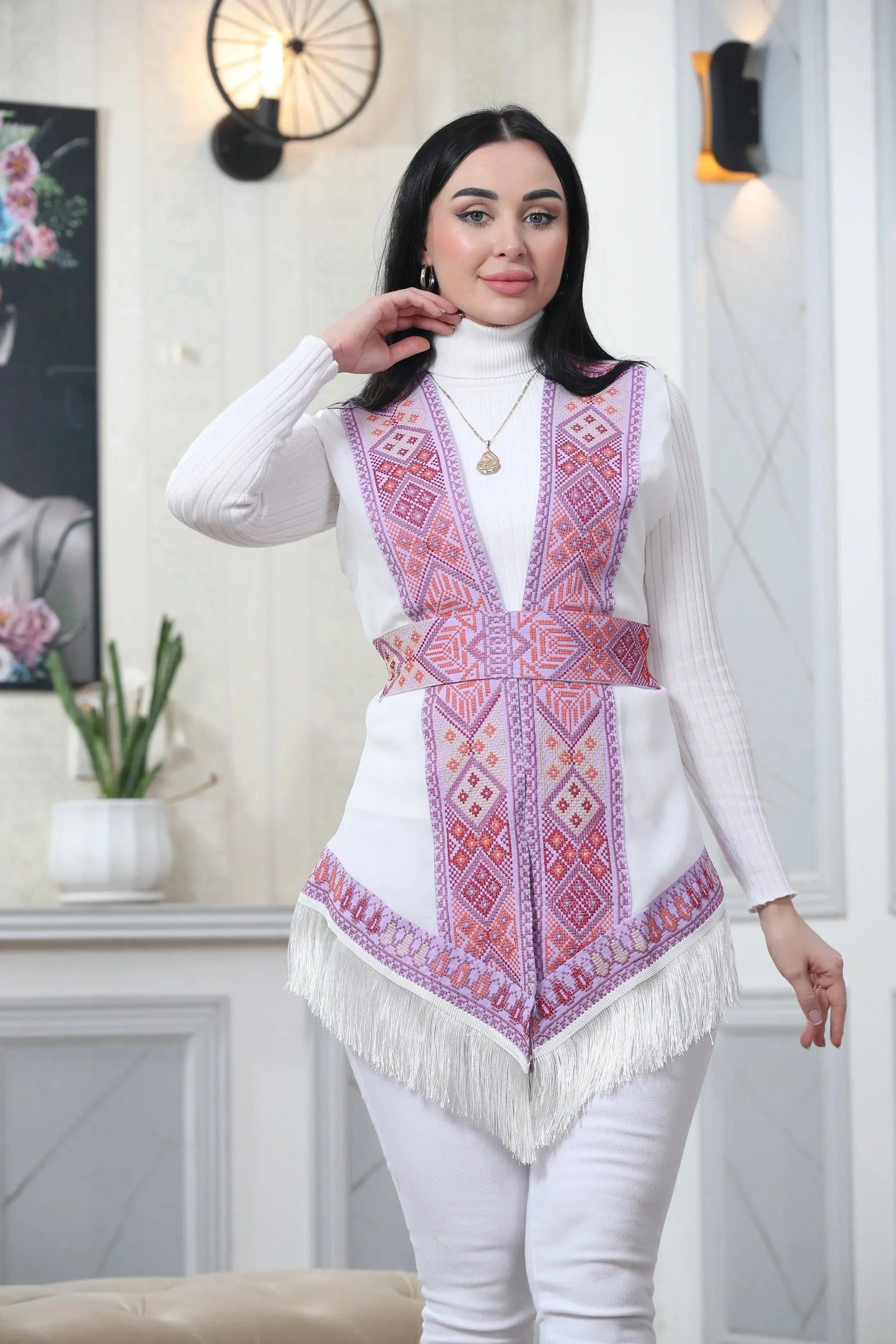 Embroidered Chiffon Vest With Tassels Palestinian Elegance