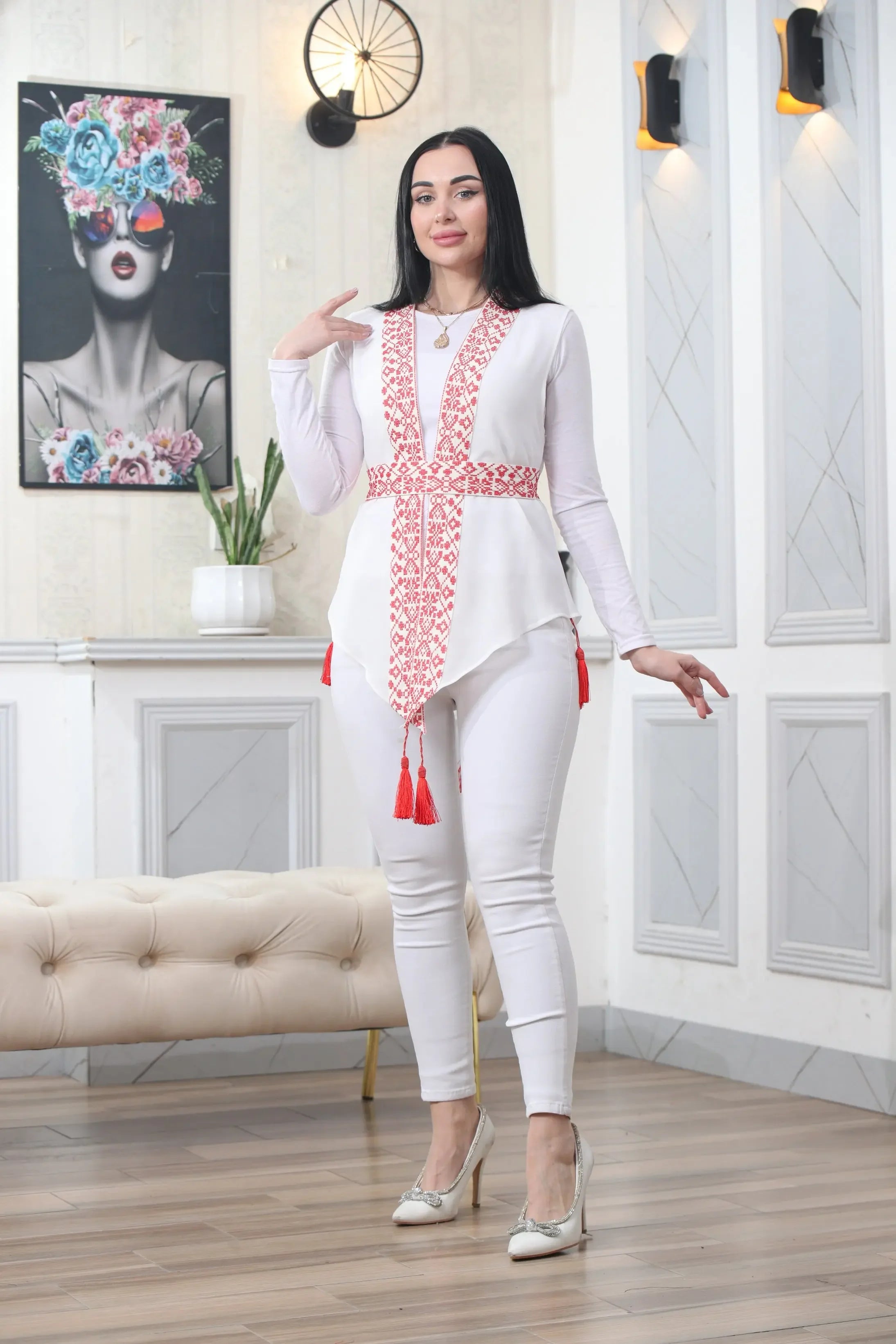 White Chiffon Vest Colorful Embroidered Palestinian Elegance