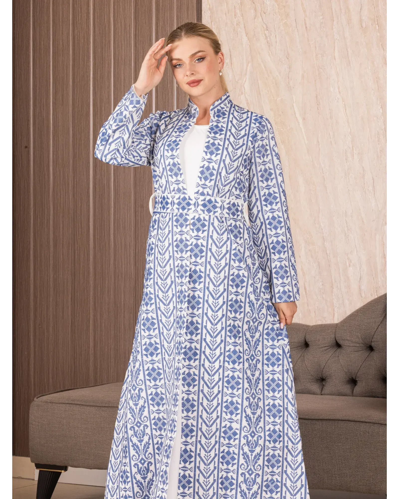 Palestinian Elegance embroidered long cardigan in blue and white geometric floral patterns