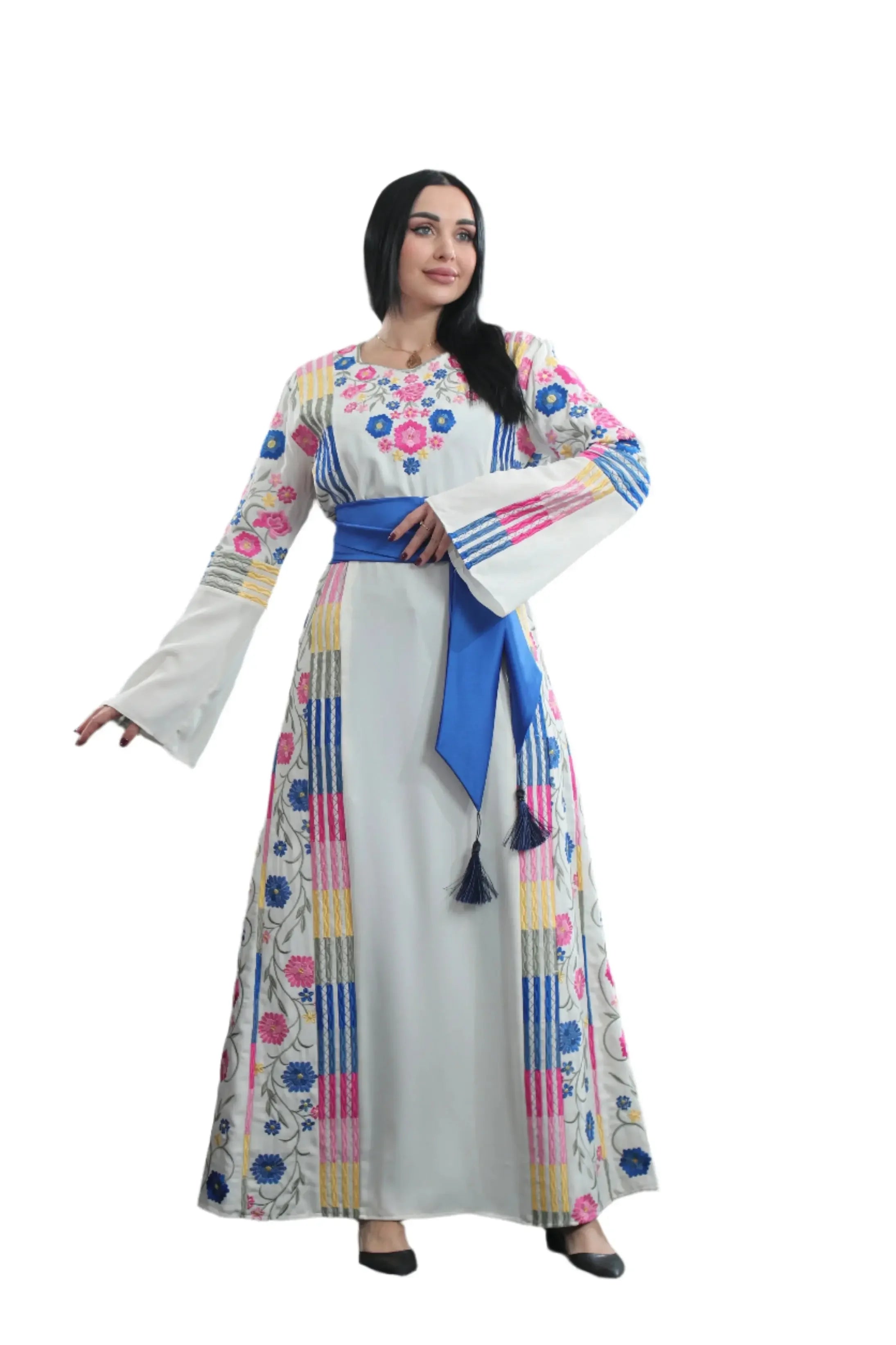 Embroidered White Multicolored Thoub Palestinian Elegance