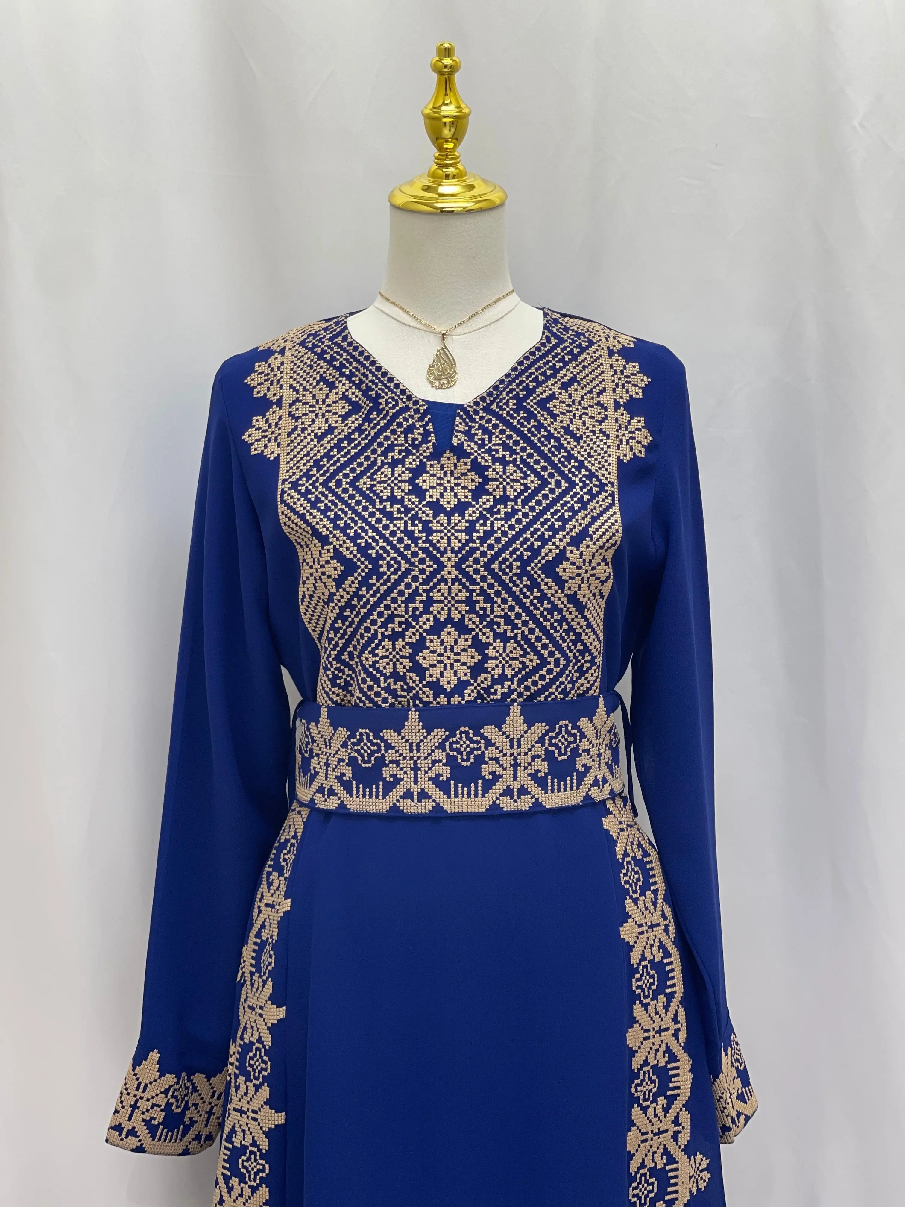 Timeless Elegance: Royal Blue Embroidered Dress Palestinian Elegance