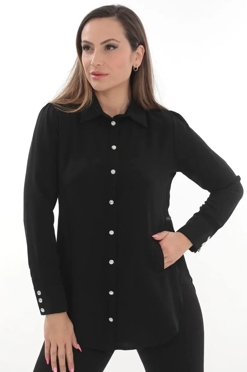 Black casual embroidered blouse for women by Palestinian Elegance with long sleeves and button details