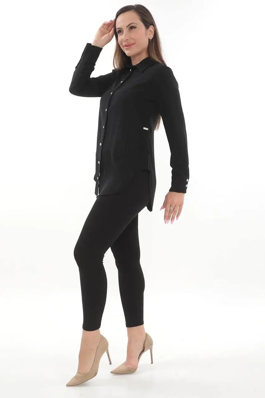 Palestinian Elegance black casual outfit with embroidered blouse for women paired with leggings and beige heels