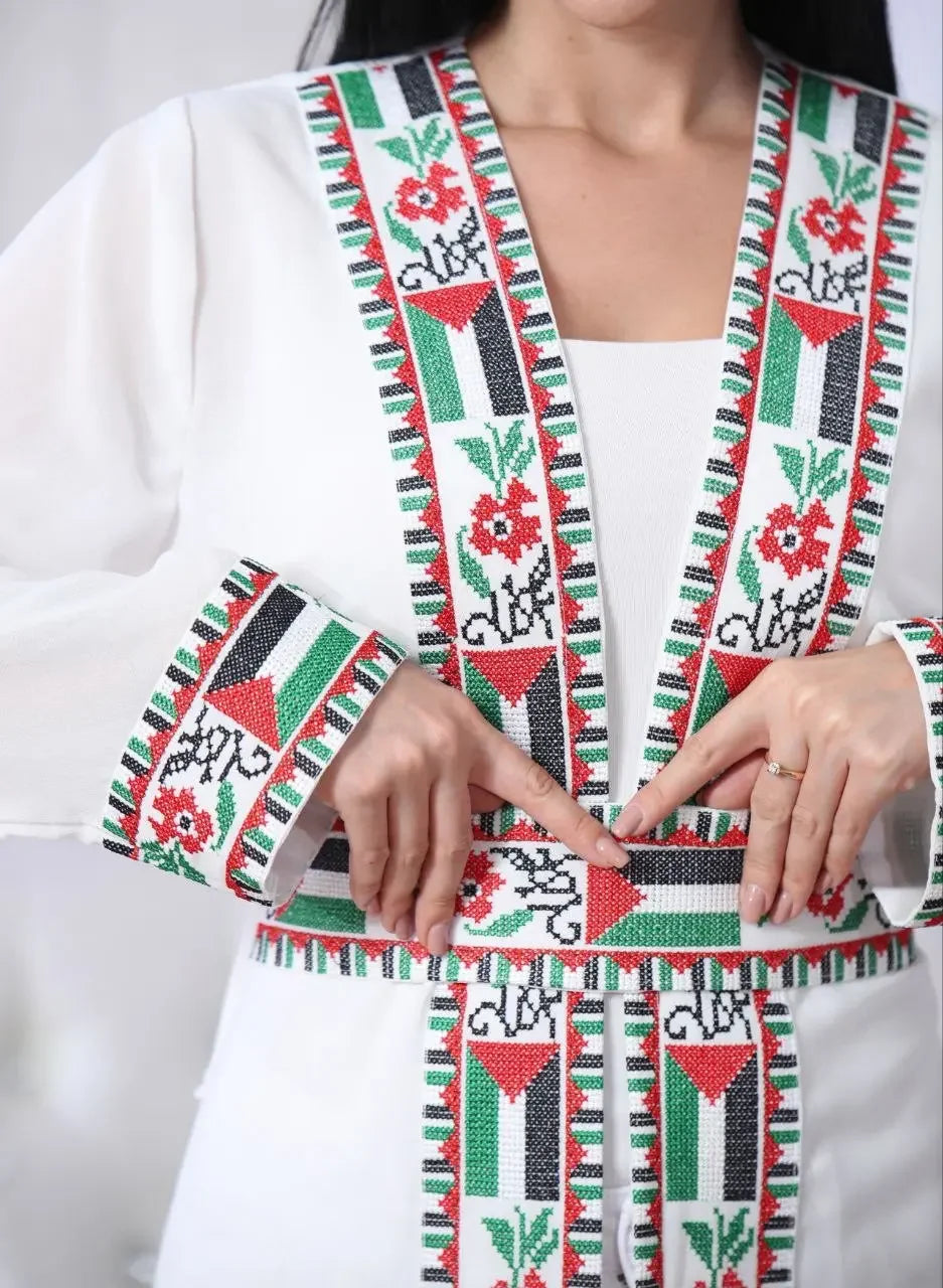 Chiffon Cardigan with Embroidered Palestinian Flag – Cultural Statement Piece Palestinian Elegance