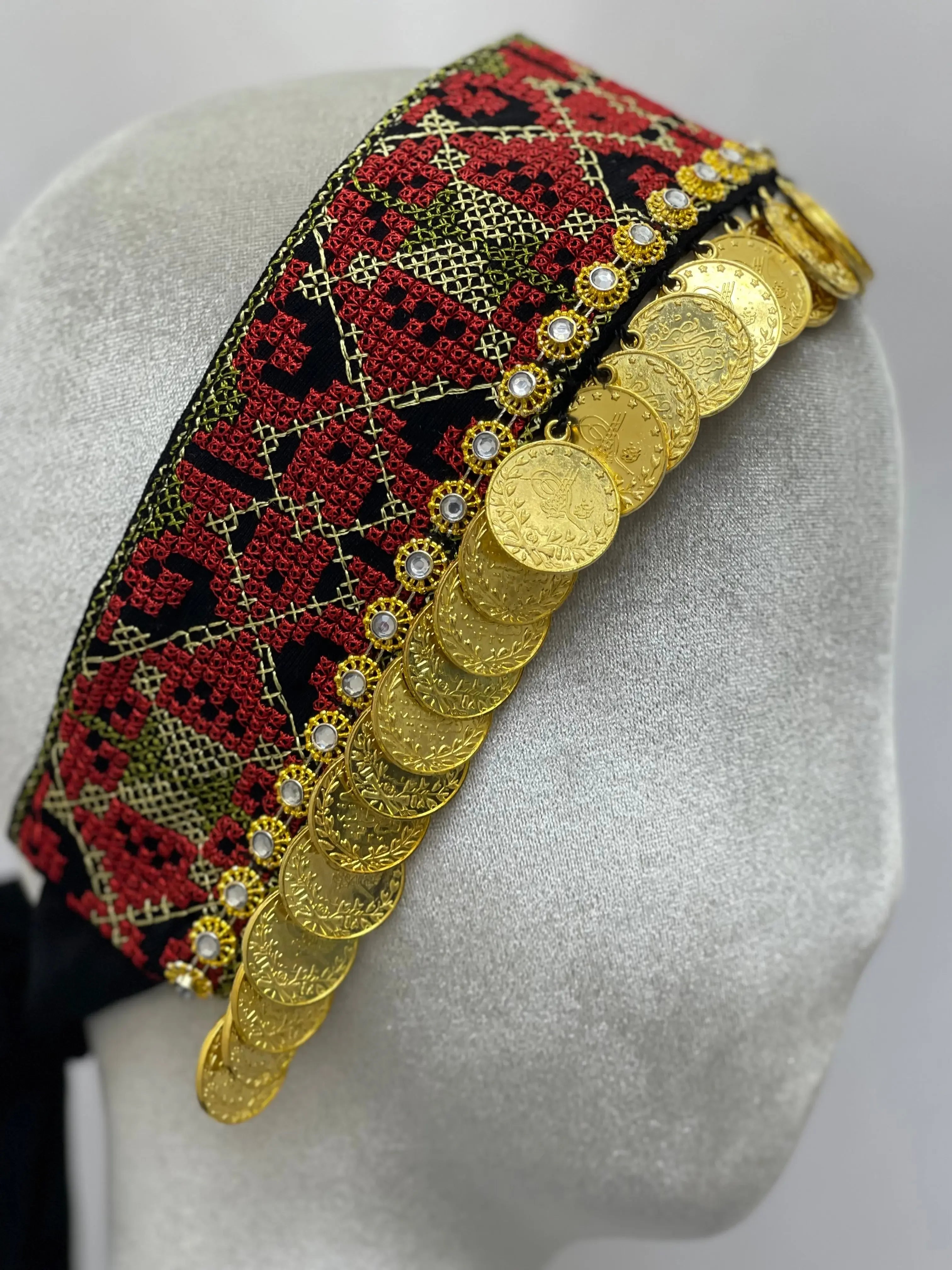 Palestinian Elegance tatreez head scarf with beads featuring red and black embroidery and gold coin embellishments