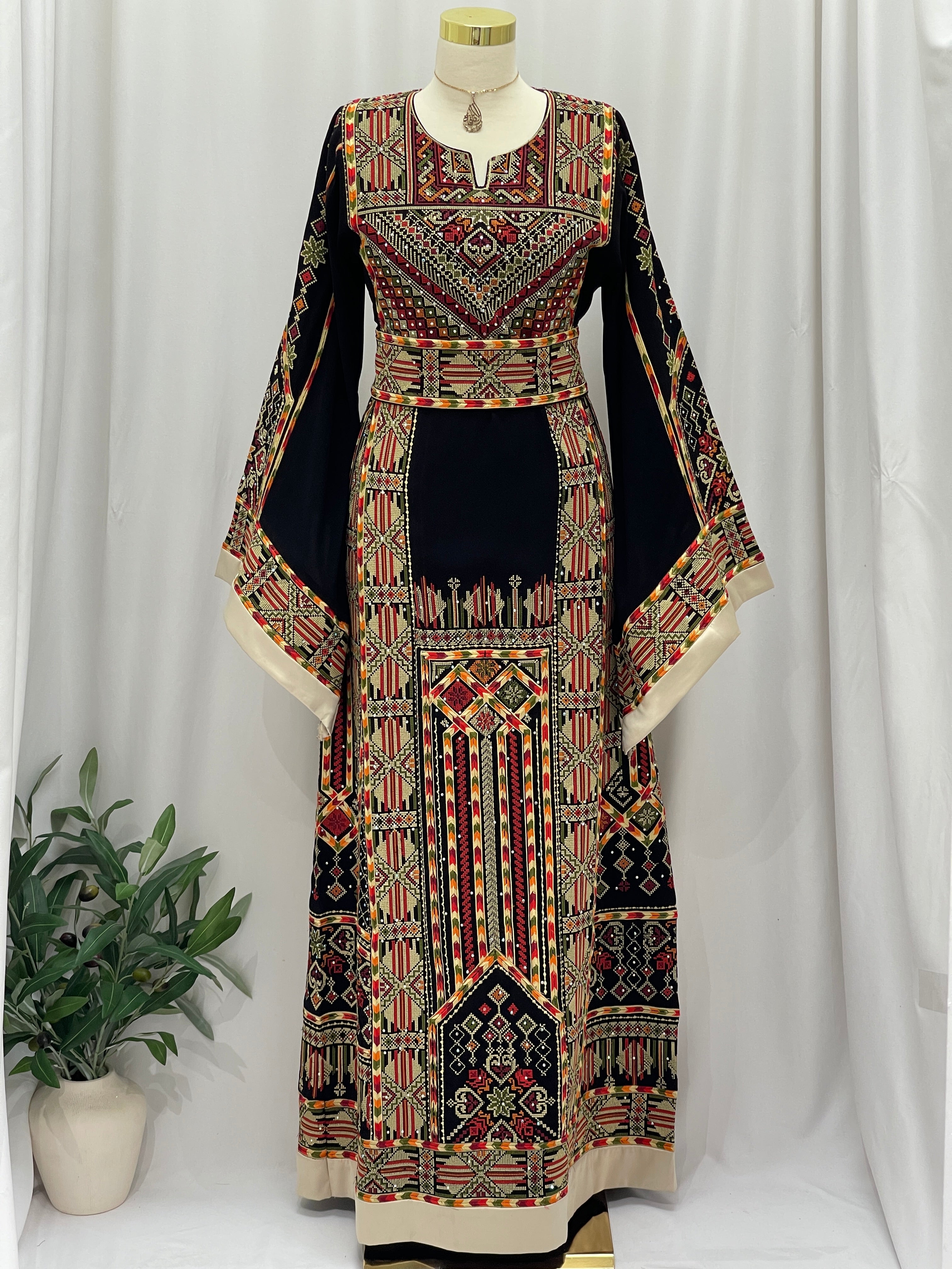 Luxury Black Palestinian Embroidered Thoub with Two Belts – Timeless Elegance with Heritage Touch