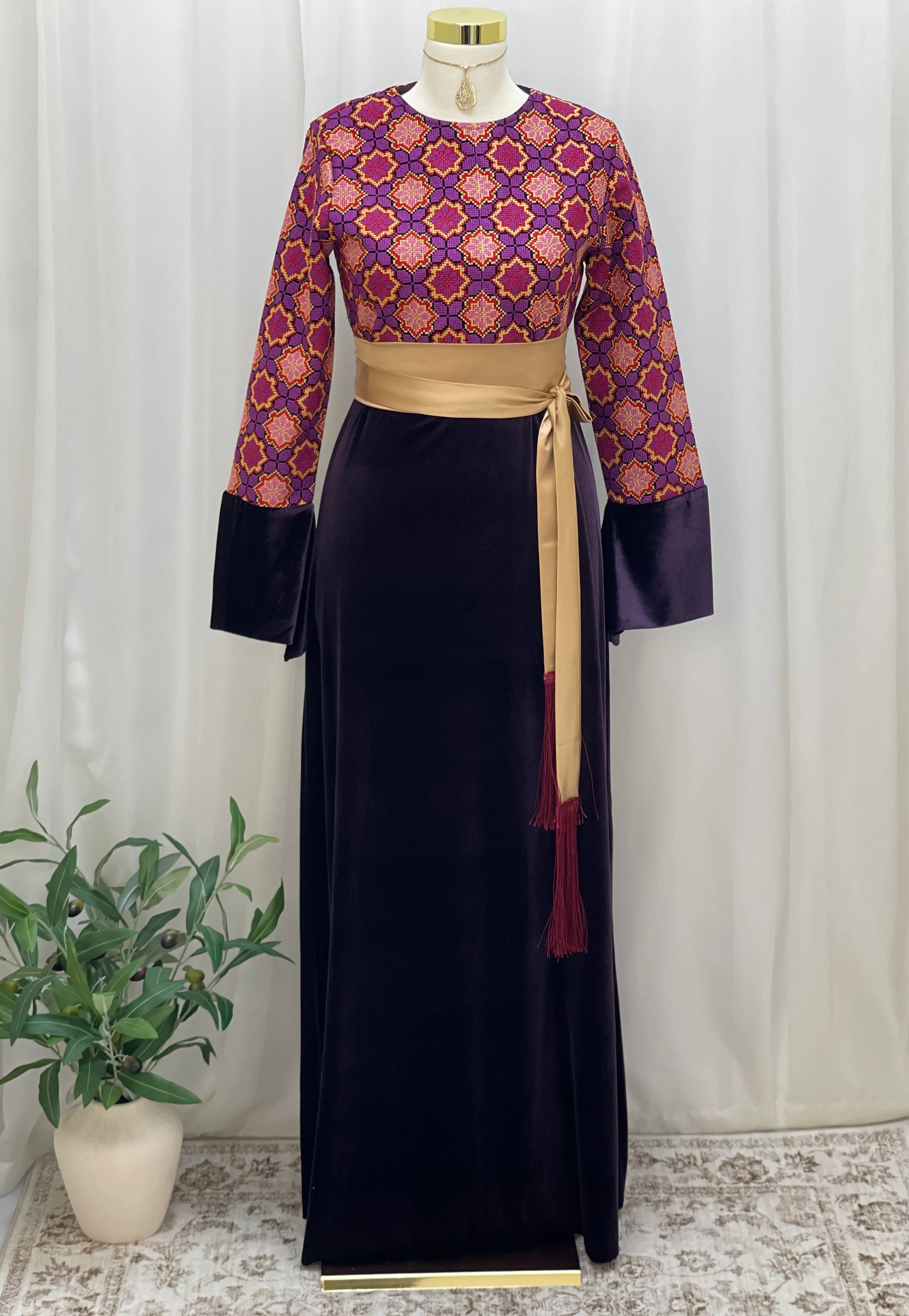 Embroidered Velvet Maxi Dress with Satin Belt