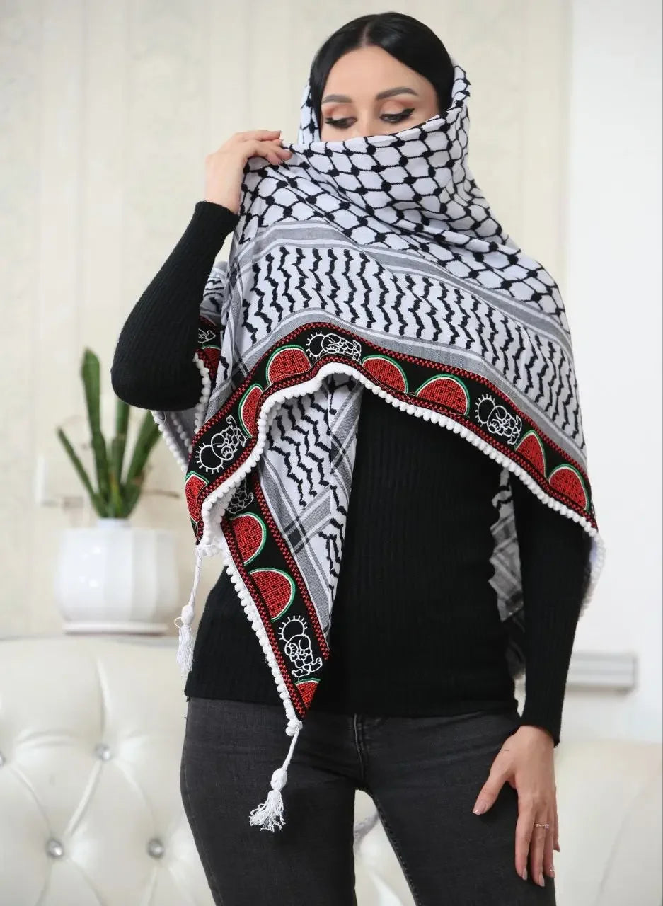 Hanzala & Watermelon Embroidered Kuffiyeh: Elegance and Cultural Charm Palestinian Elegance