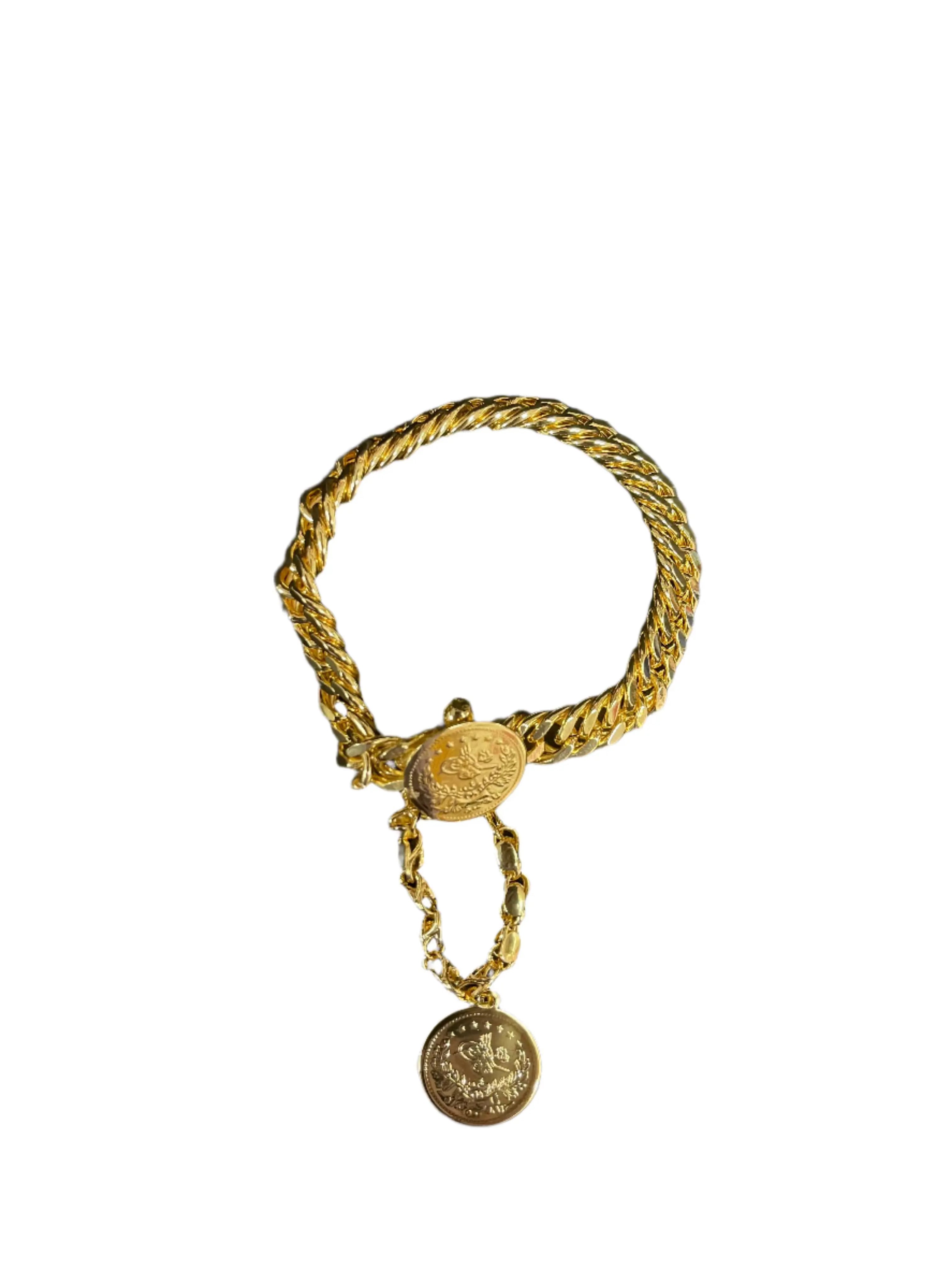 Imitated Gold Chain Bracelet with Extended chain and round pendant by Palestinian Elegance
