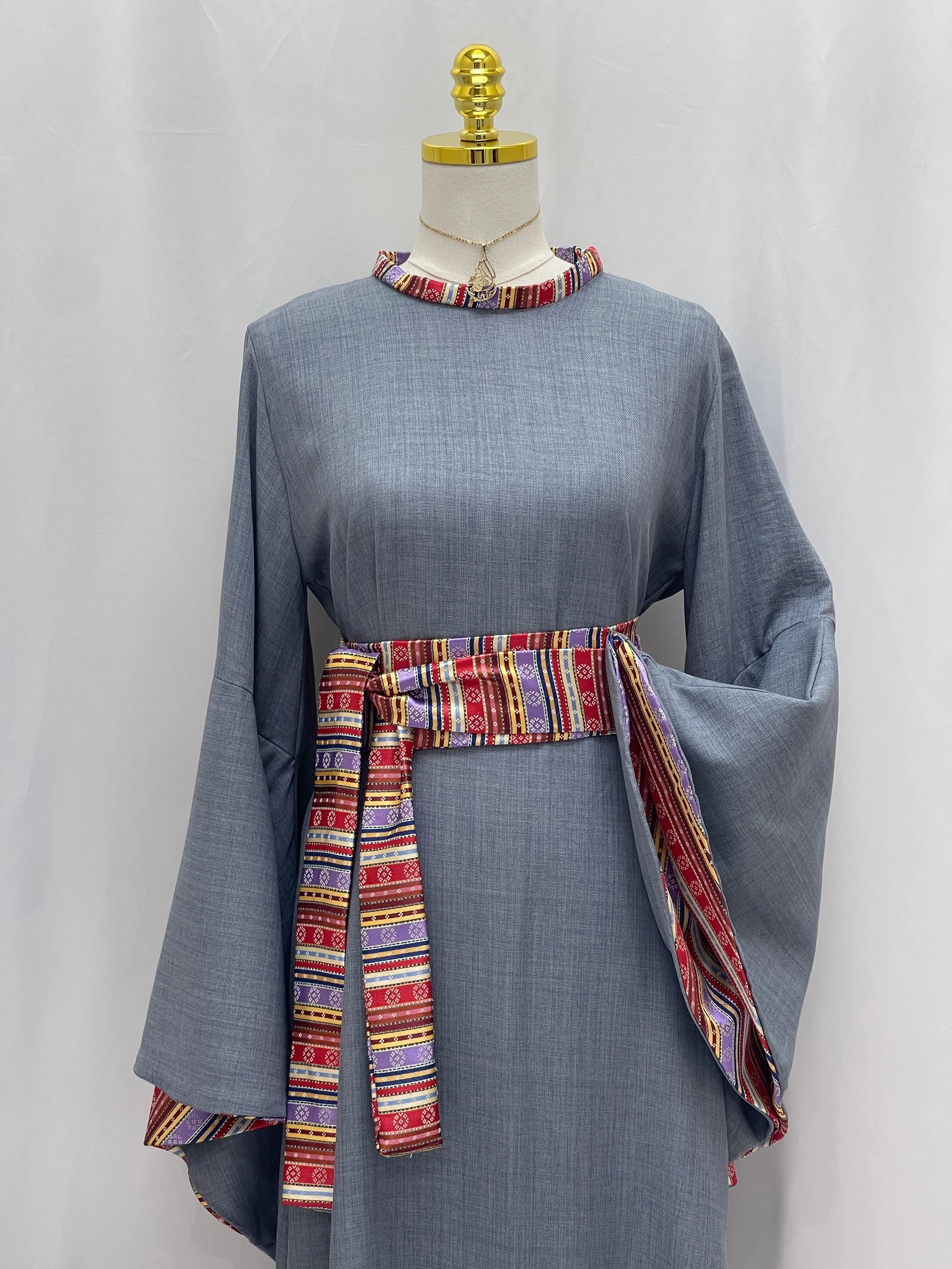 Al-Mais Thobe in gray with embroidered belt and bell sleeves for elegant style