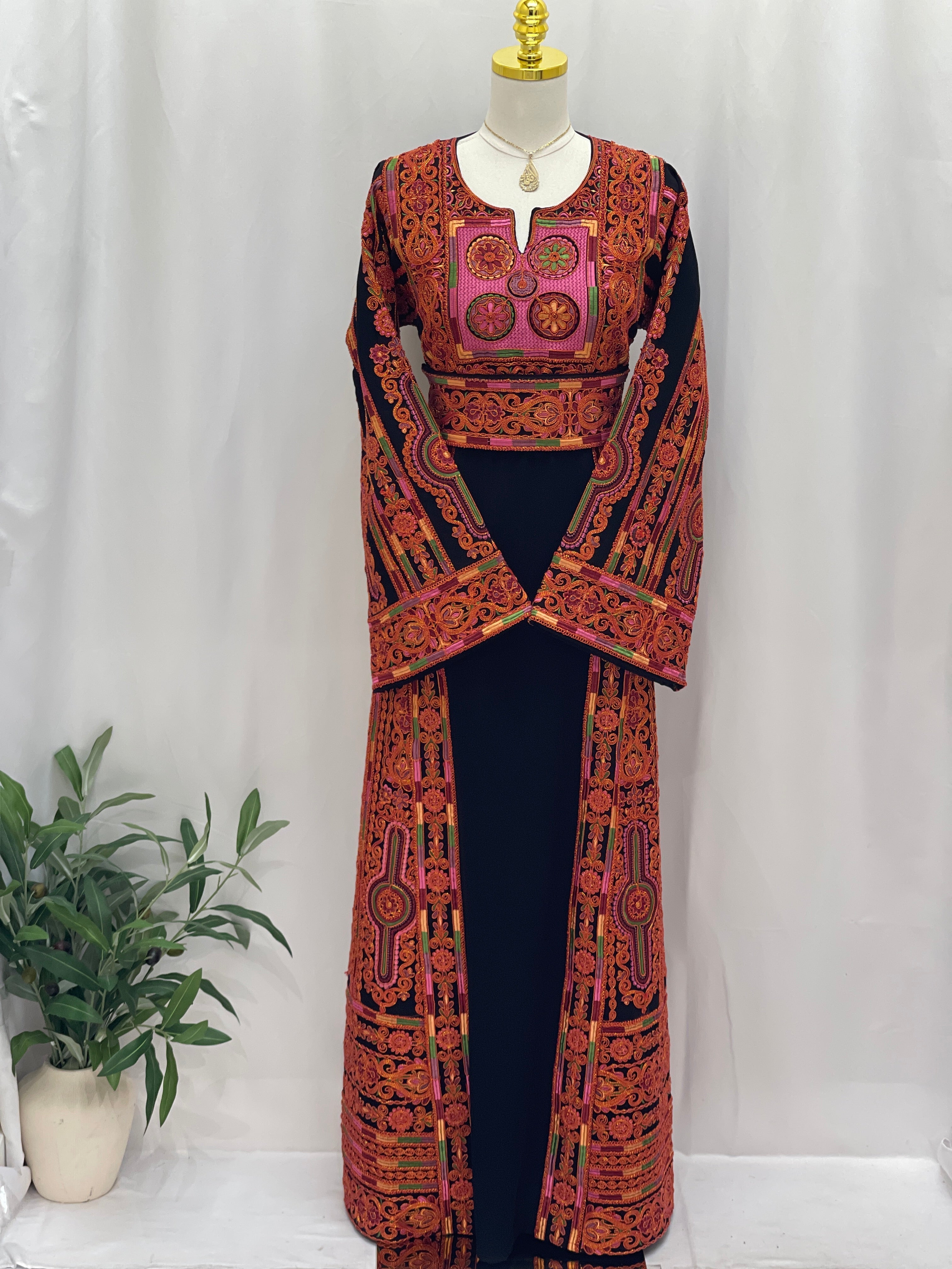 Al-Sundus Bream Embroidered Thobe Palestinian Elegance black thobe with red orange traditional hand embroidery