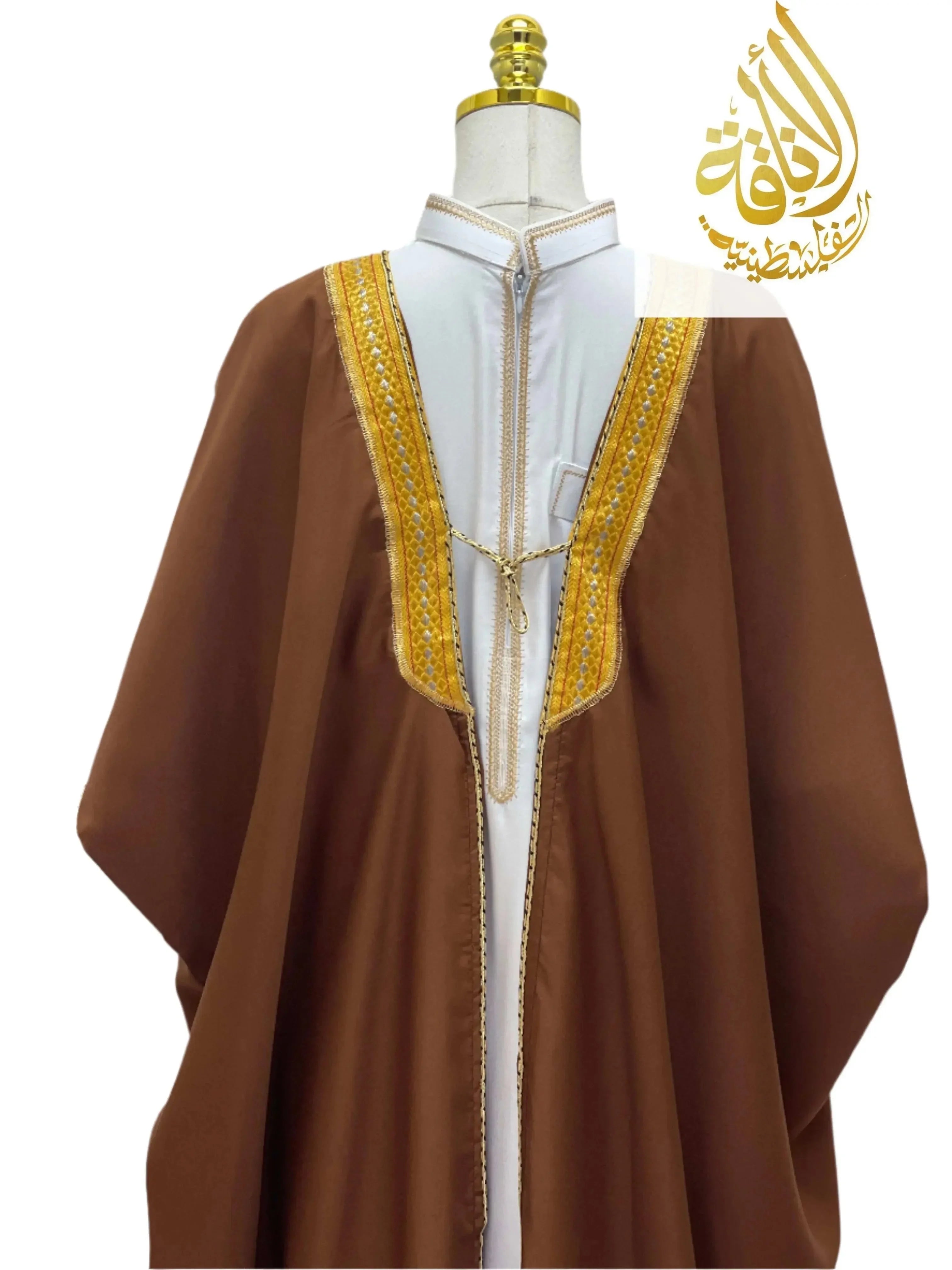 Palestinian Elegance Ali Mens Free Size Bisht brown traditional men thobe with gold embroidery