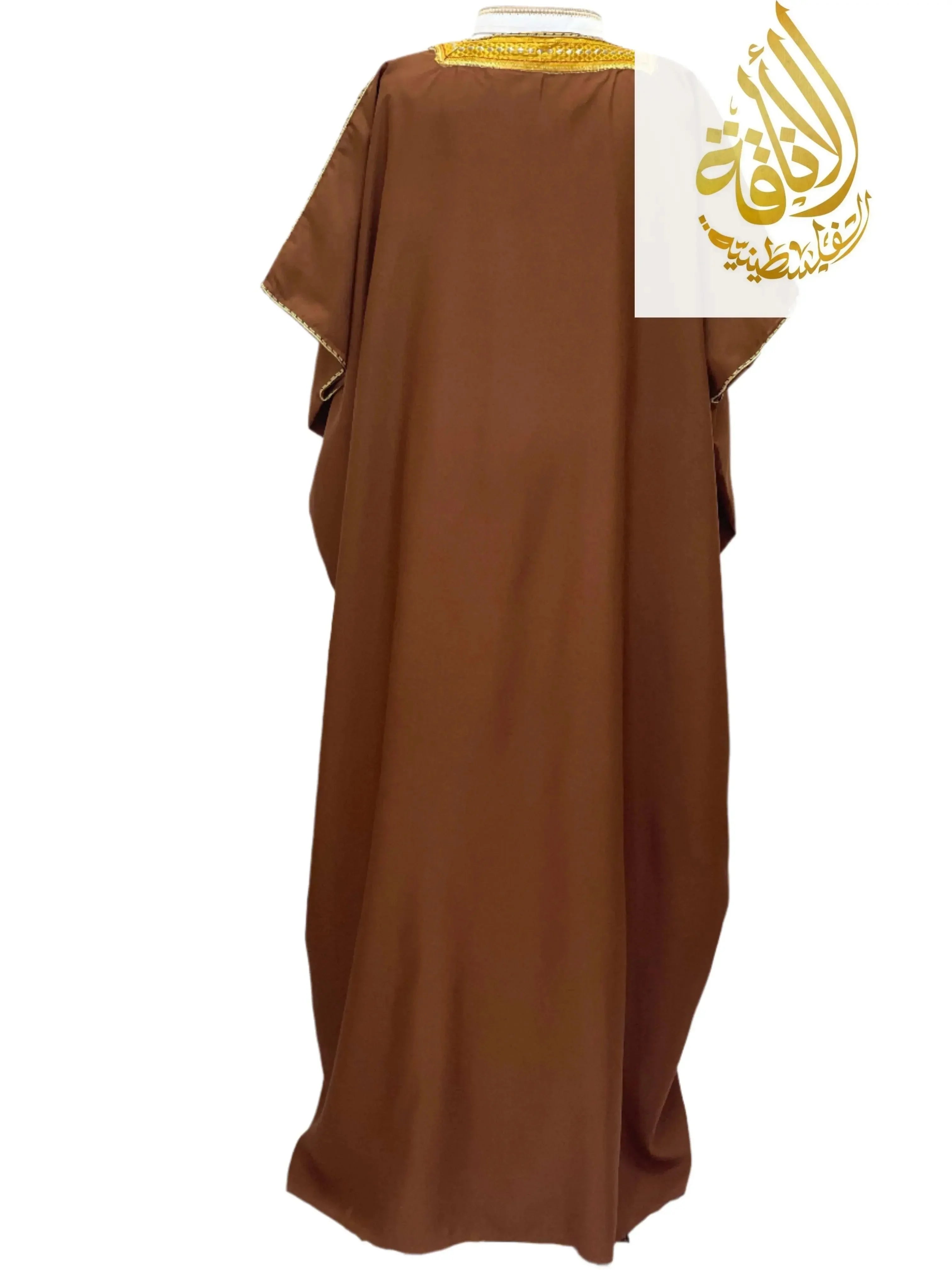 Ali Mens Free Size Bisht brown traditional men thobe with gold embroidery from Palestinian Elegance
