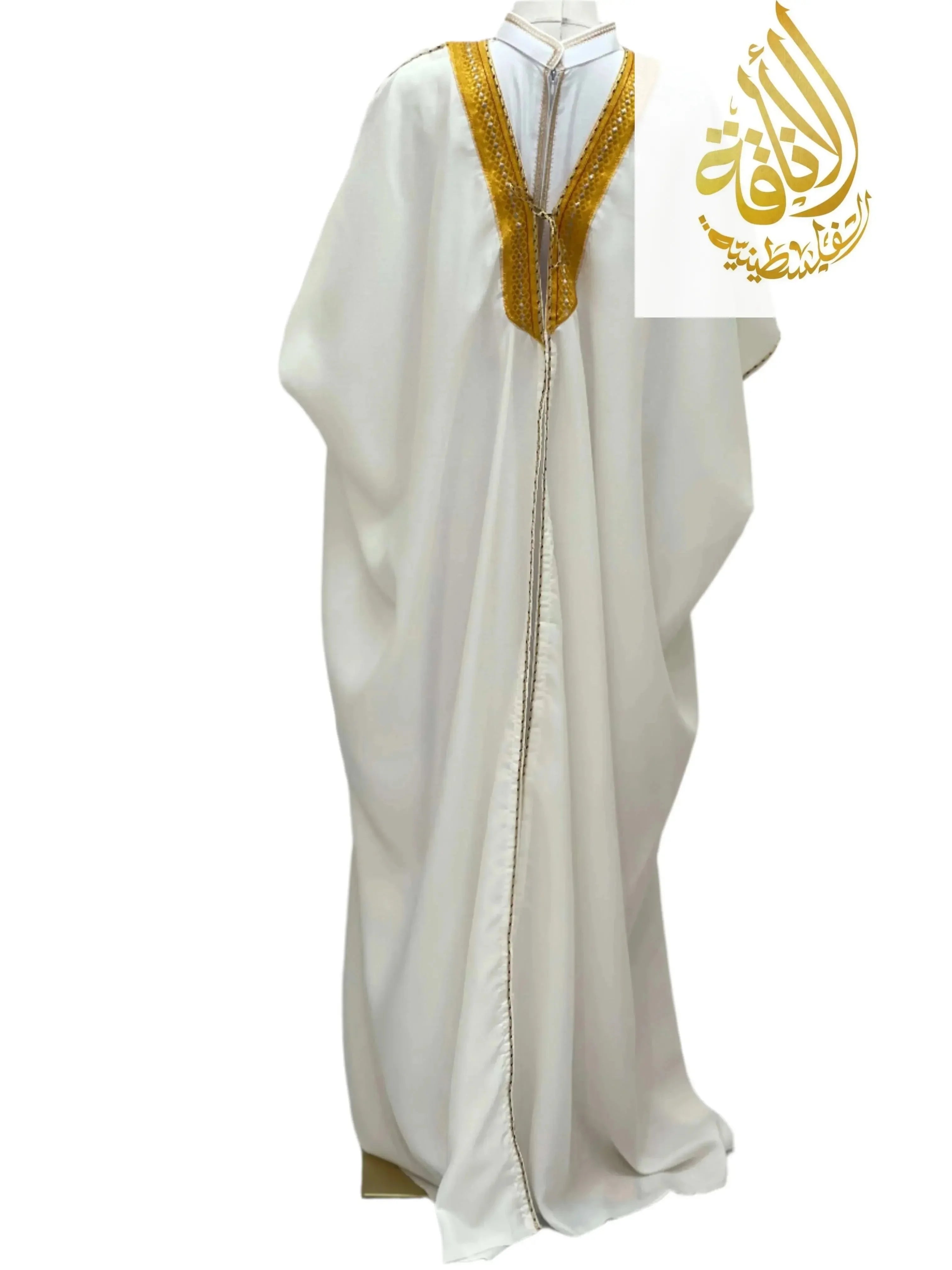 Ali Mens Free Size Bisht white thobe with gold embroidery by Palestinian Elegance displayed on mannequin