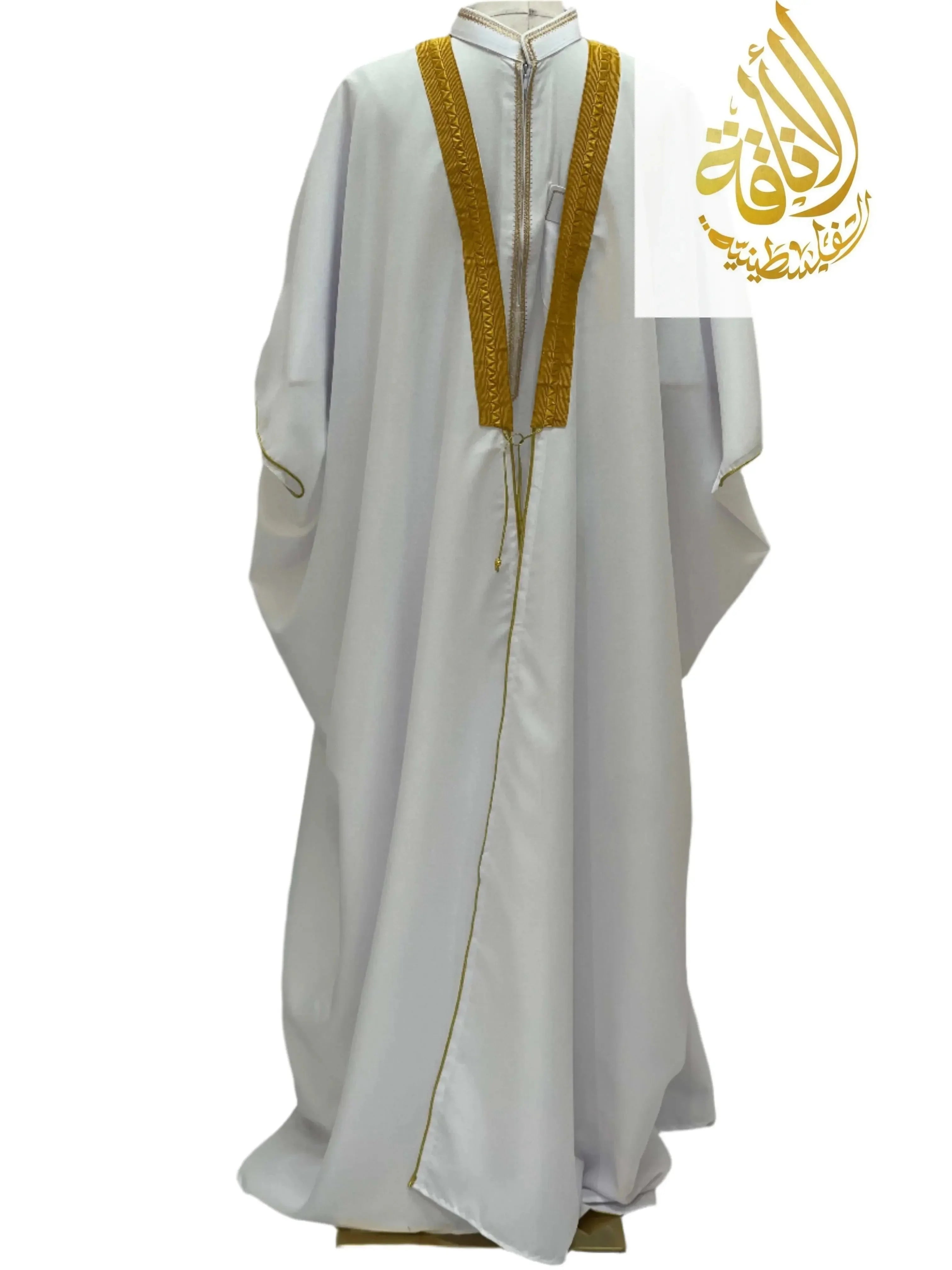 Ali Mens Free Size Bisht traditional white men thobe with gold embroidery by Palestinian Elegance
