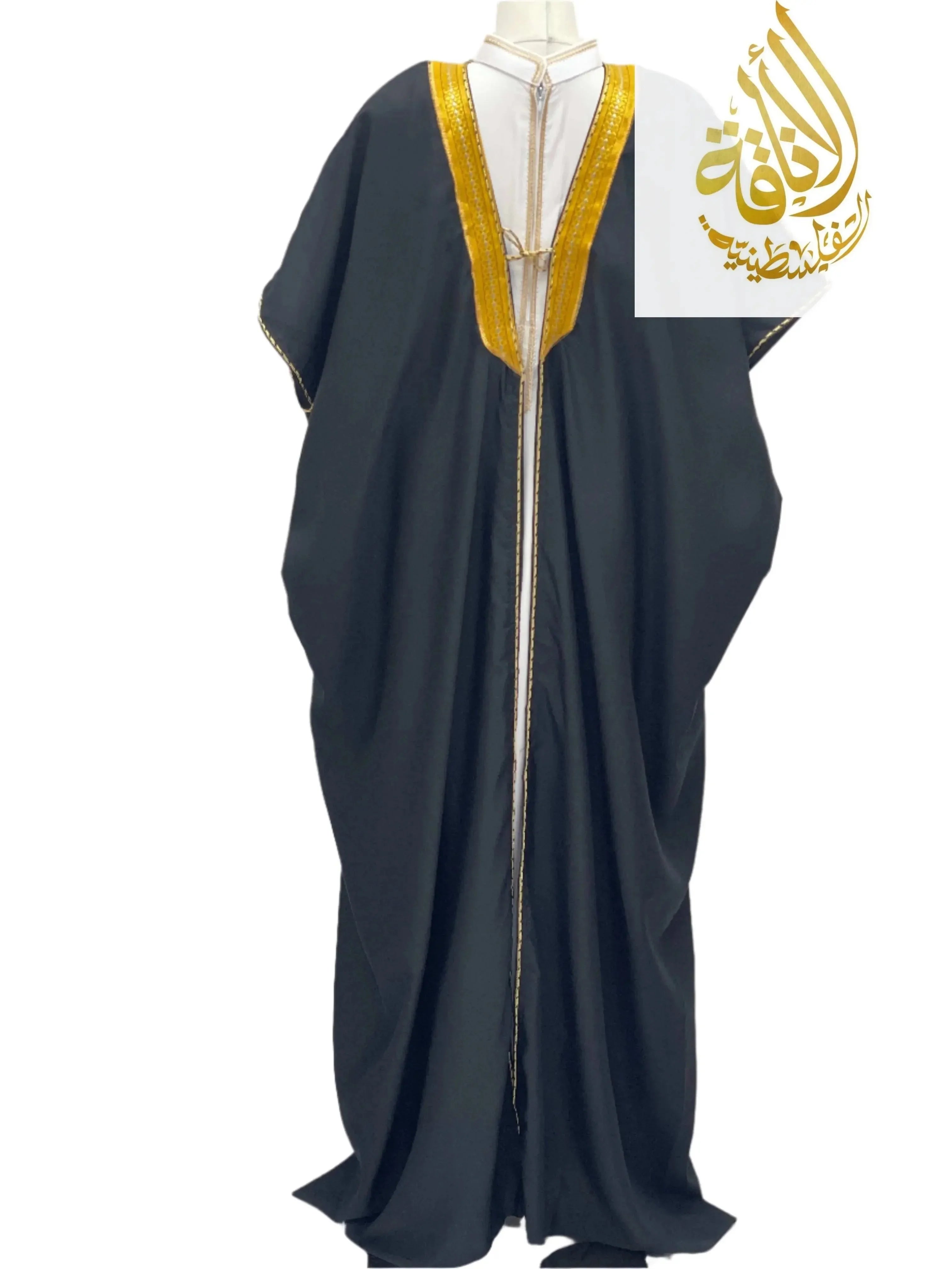 Ali Mens Free Size Bisht black men's thobe with gold embroidery by Palestinian Elegance