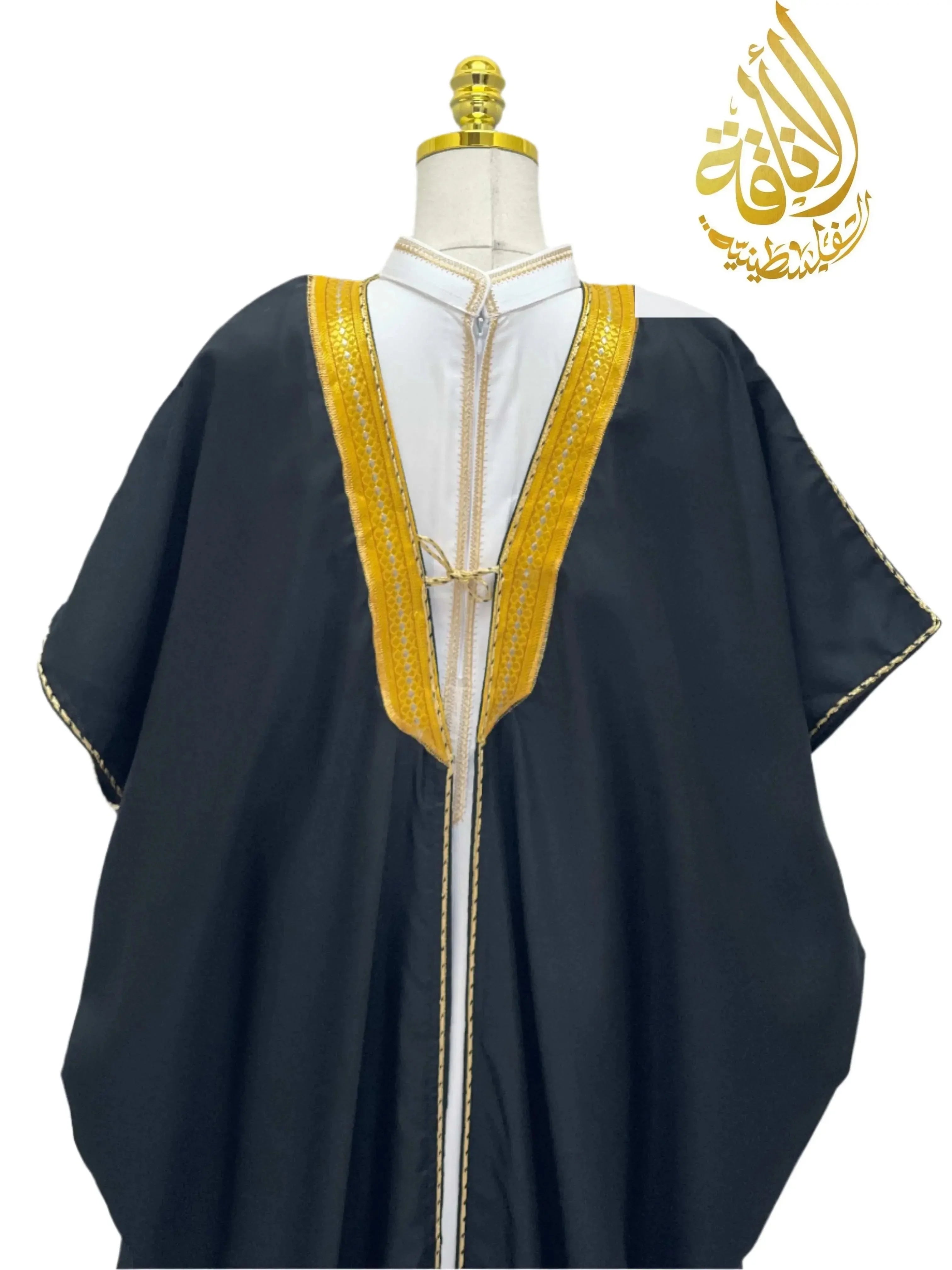 Ali Mens Free Size Bisht black with gold trim over white men thobe by Palestinian Elegance