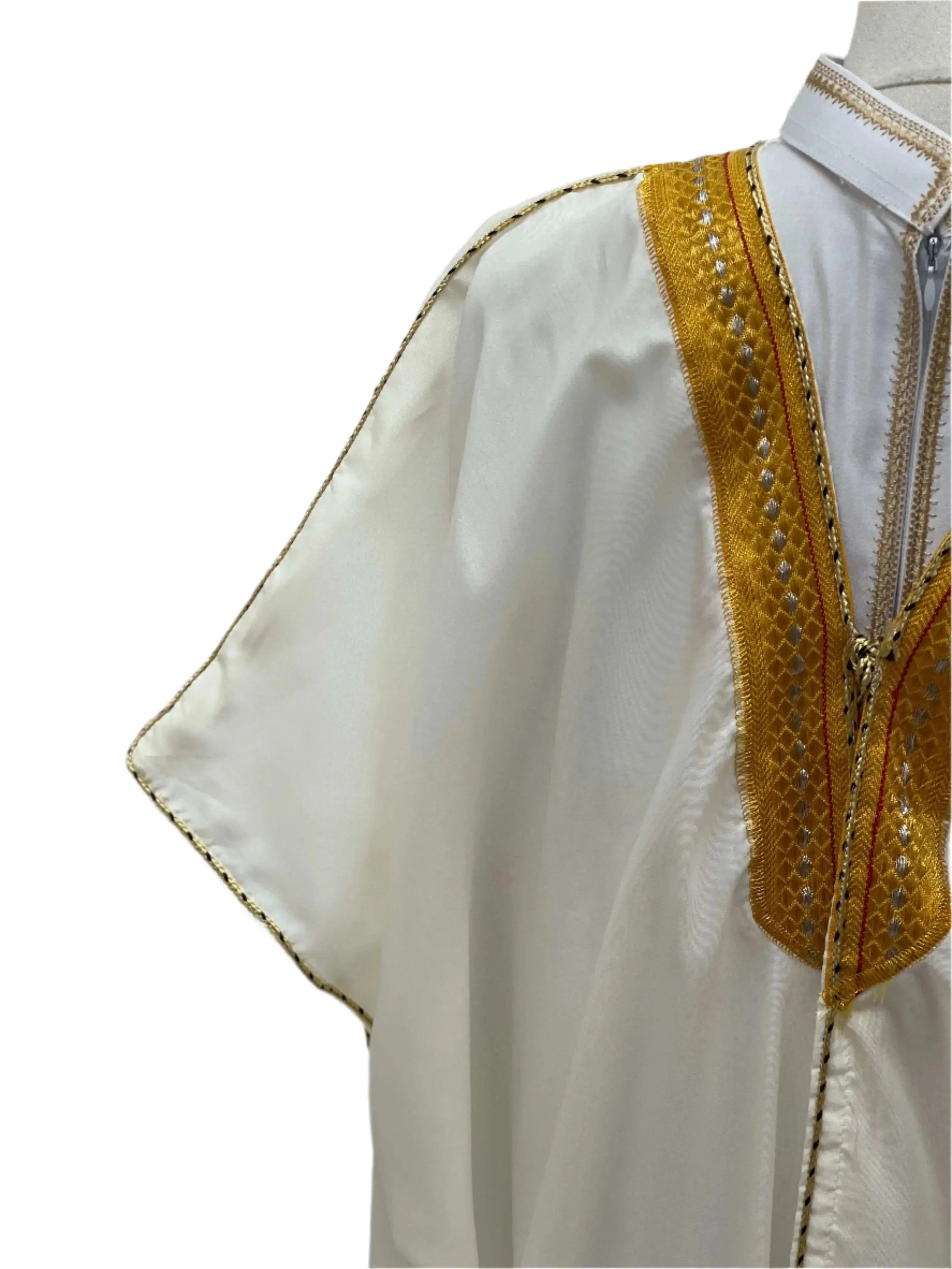 Ali Mens Free Size Bisht by Palestinian Elegance white thobe with gold embroidered neckline