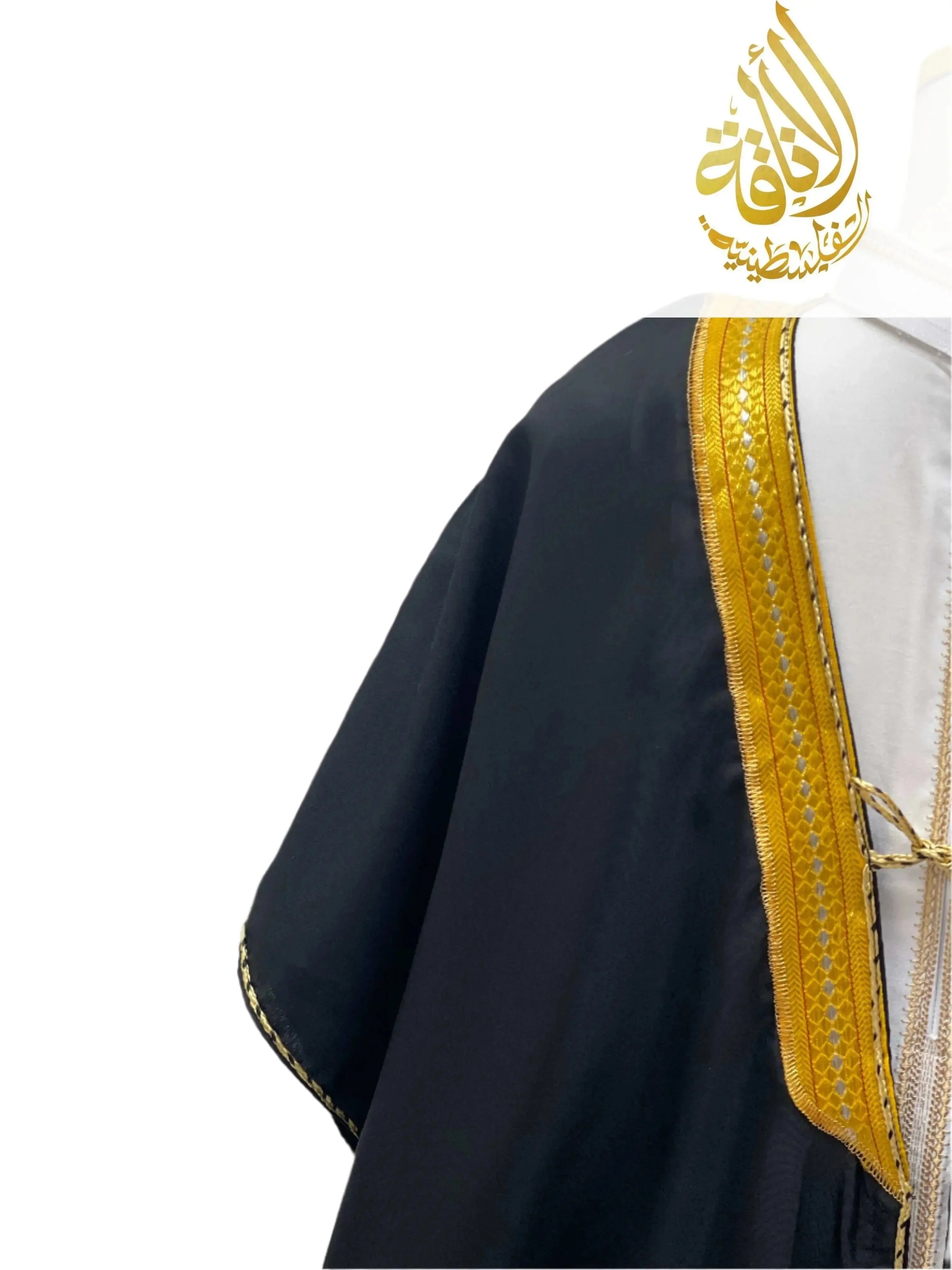 Ali Mens Free Size Bisht in black with gold embroidery over white men thobe by Palestinian Elegance