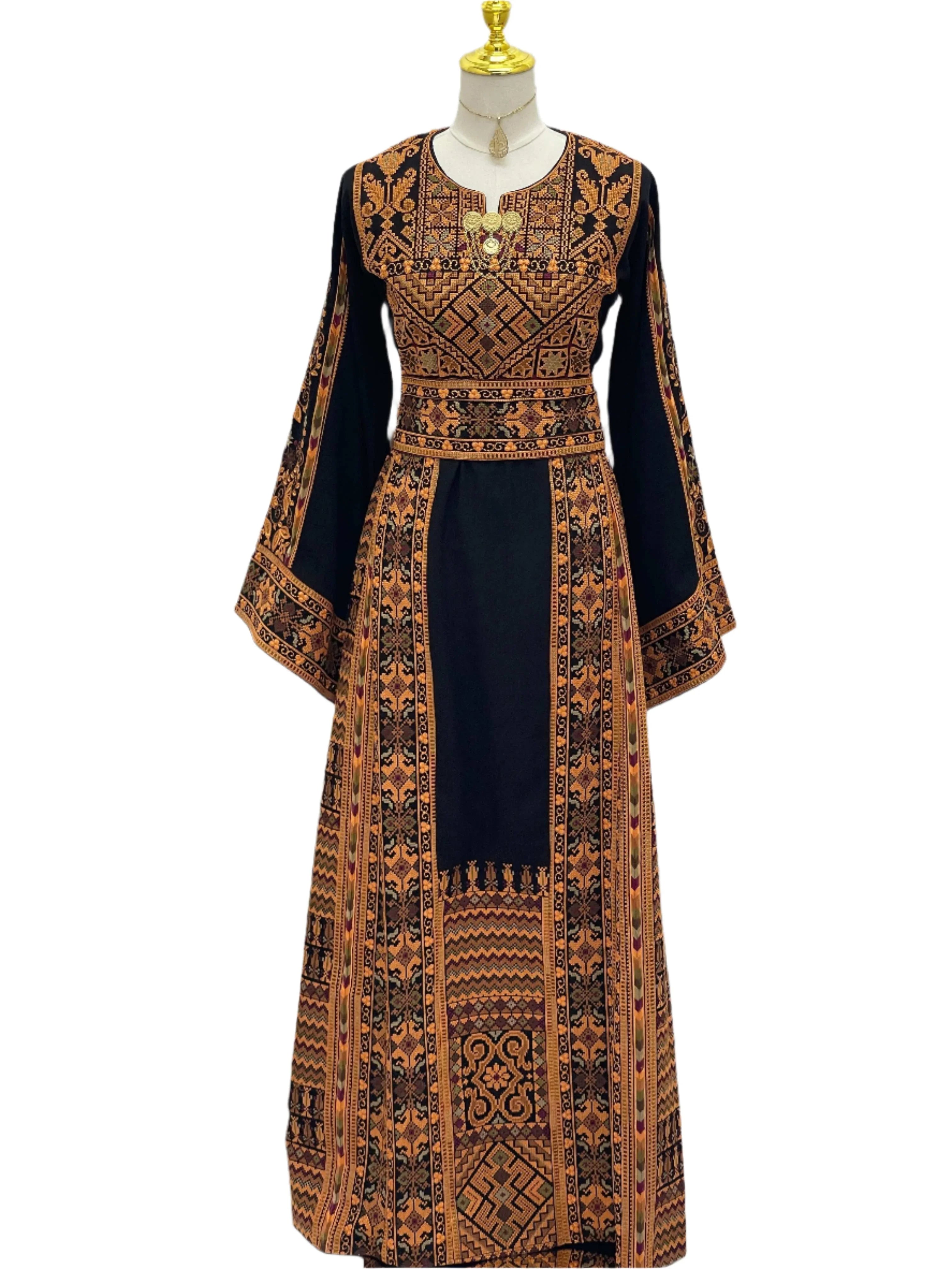 Embroidered Thoub Palestinian Modest Tatreez black dress with intricate orange traditional embroidery by Palestinian Elegance
