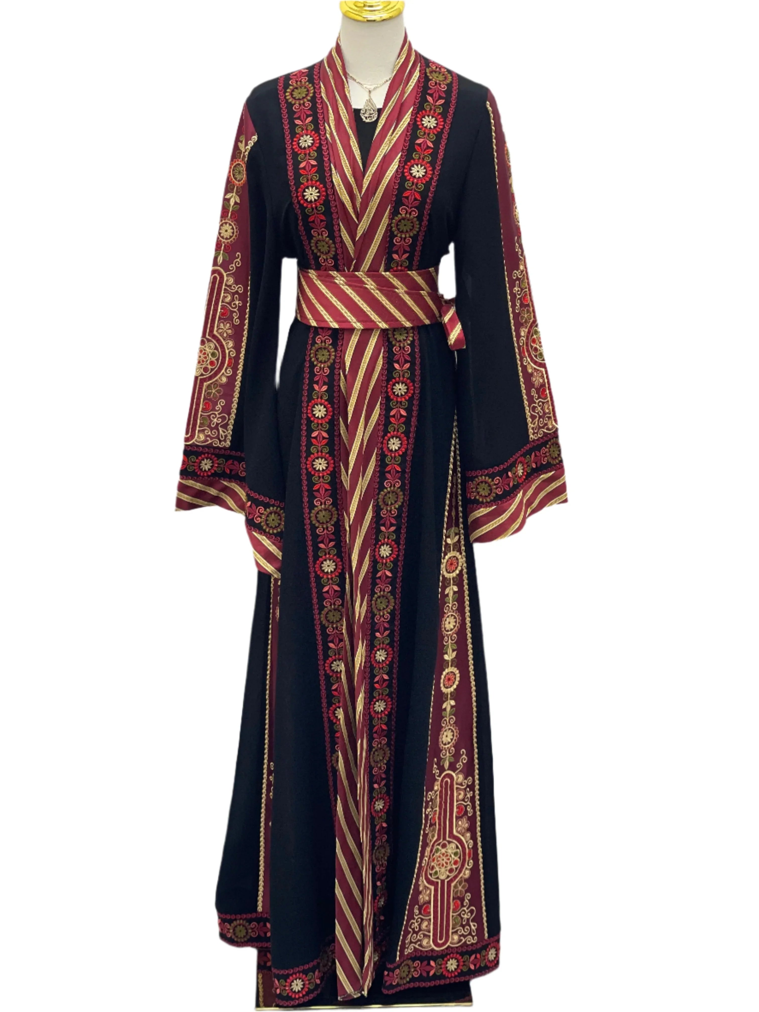 Palestinian Elegance embroidered Kashmir abaya in black with red and gold traditional embroidery and matching belt